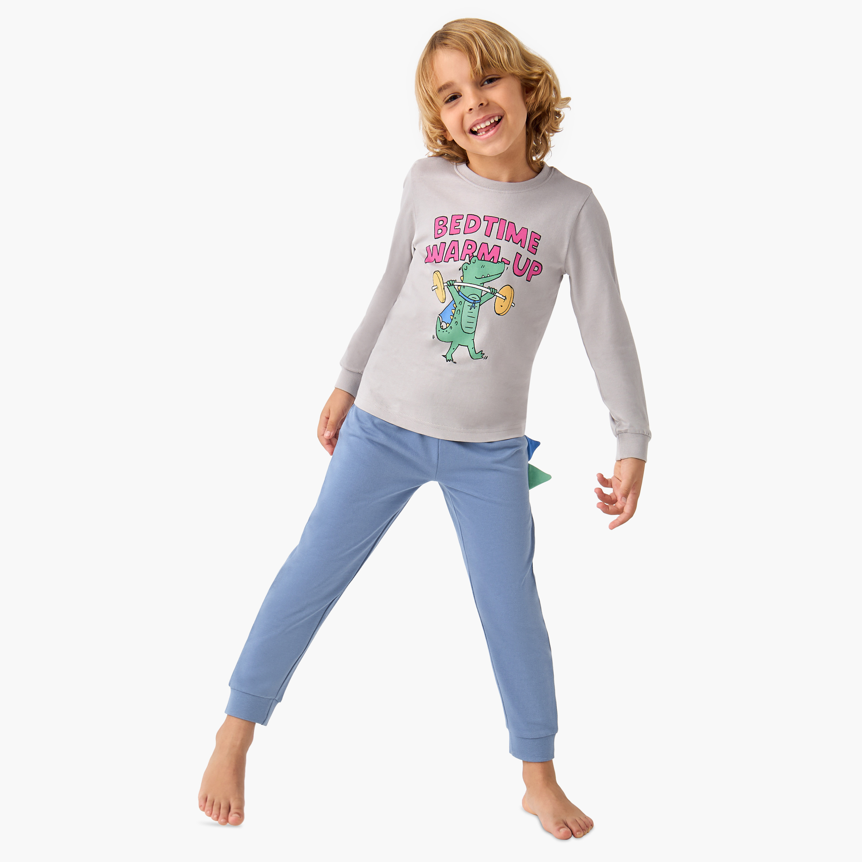 Juniors Dino Print T-shirt and Solid Pyjama Set-boys-clothing-nightwear-image-1