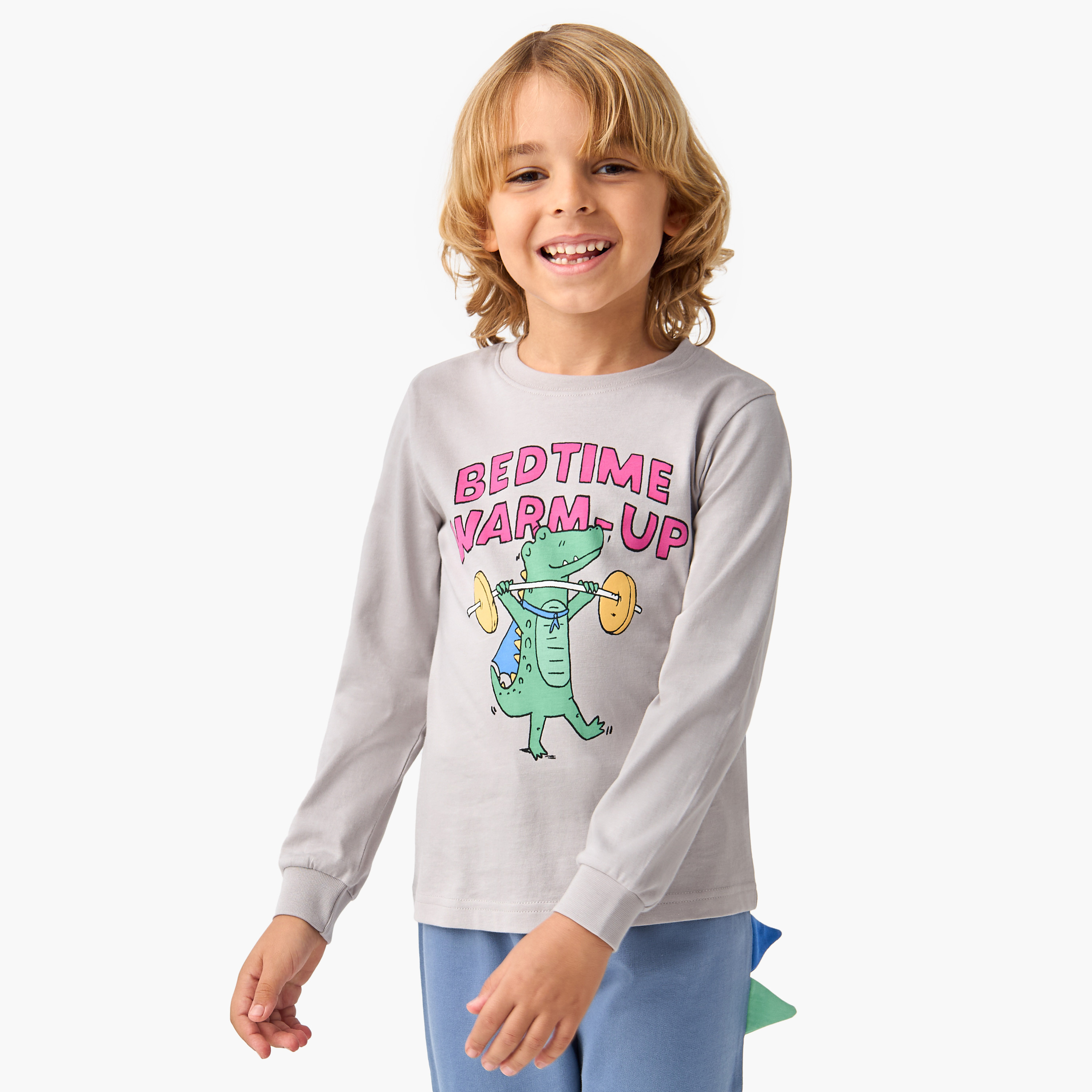 Juniors Dino Print T-shirt and Solid Pyjama Set-boys-clothing-nightwear-image-2