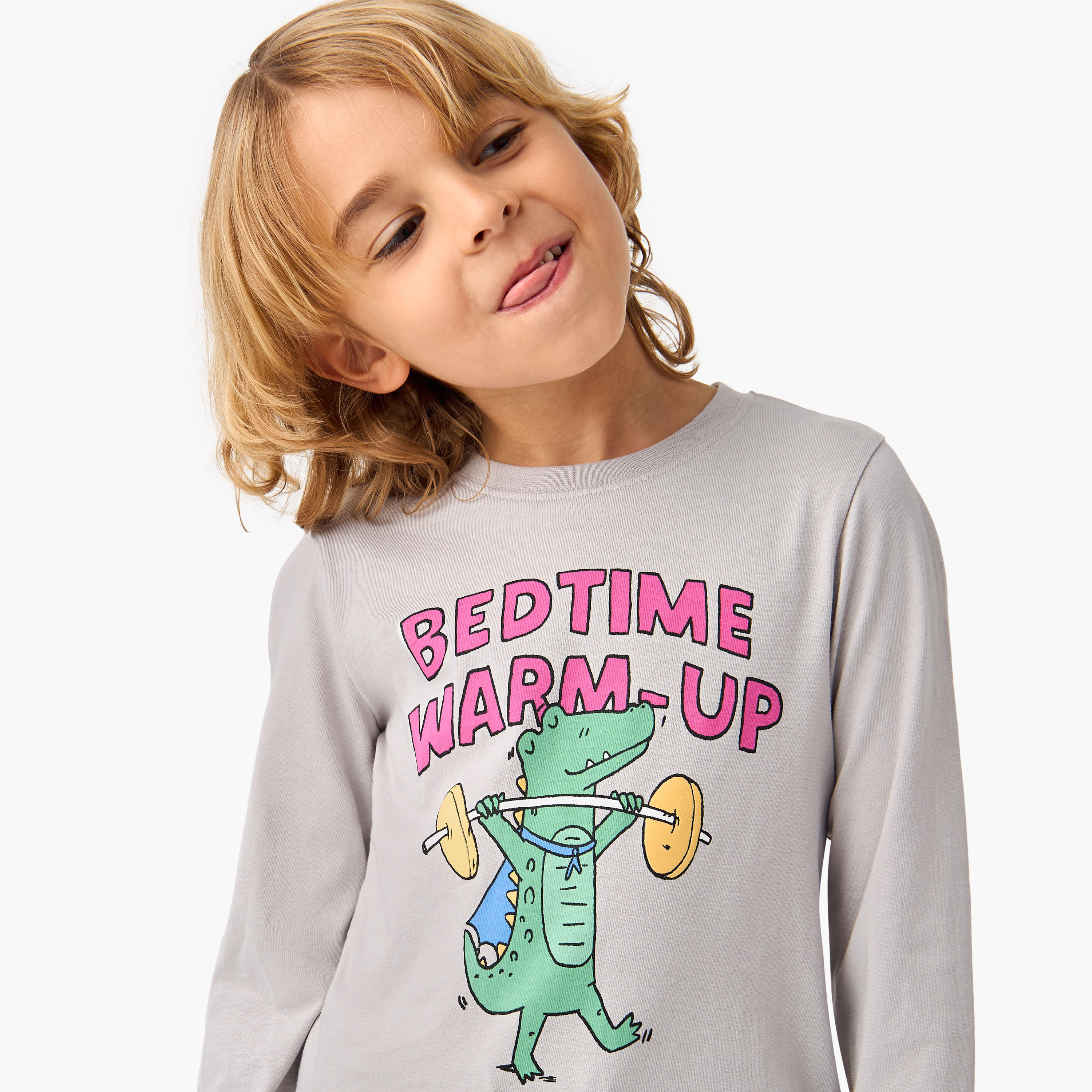 Juniors Dino Print T-shirt and Solid Pyjama Set-boys-clothing-nightwear-image-5