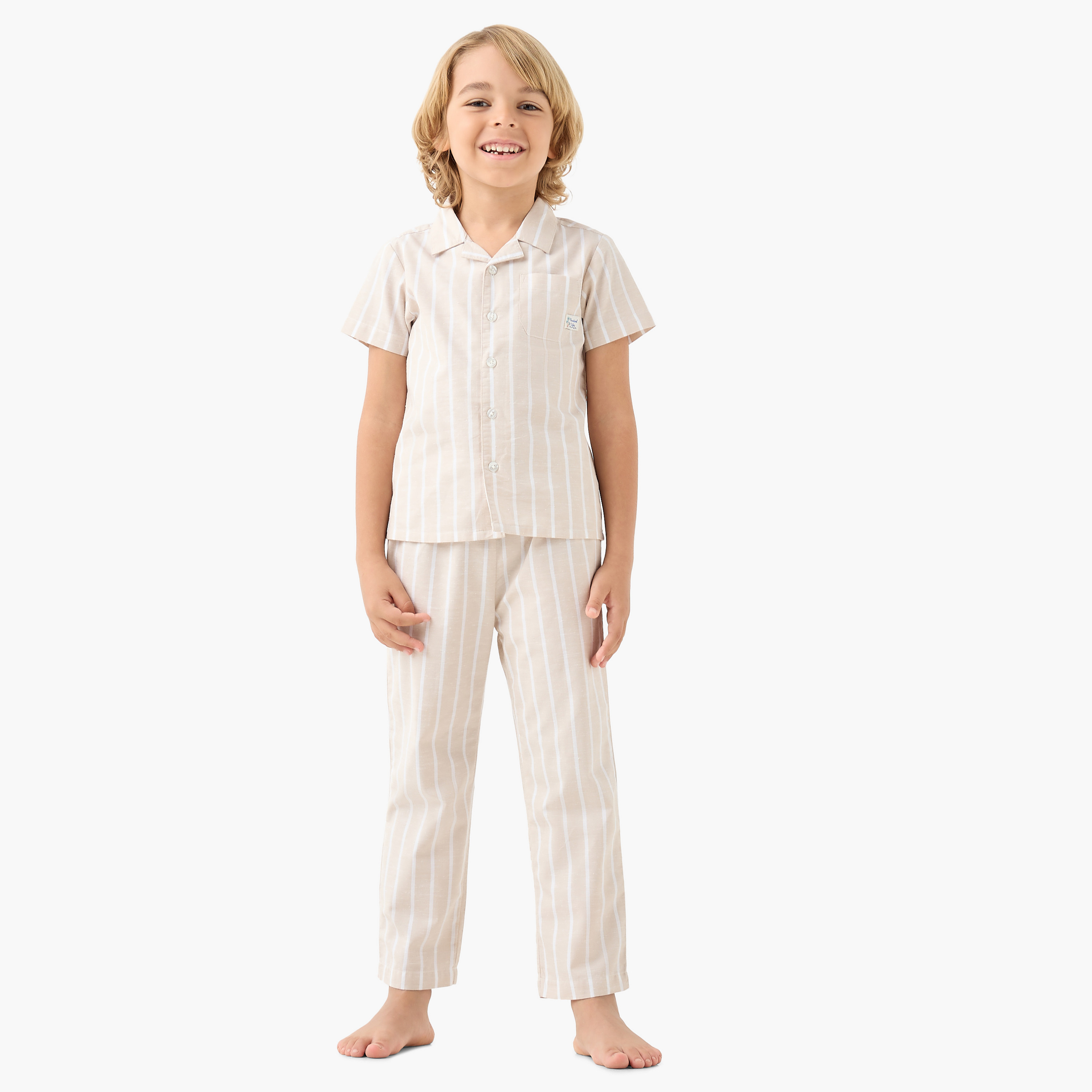 Juniors Striped Short Sleeves Shirt and Elasticated Pyjama Set-boys-clothing-nightwear-image-1