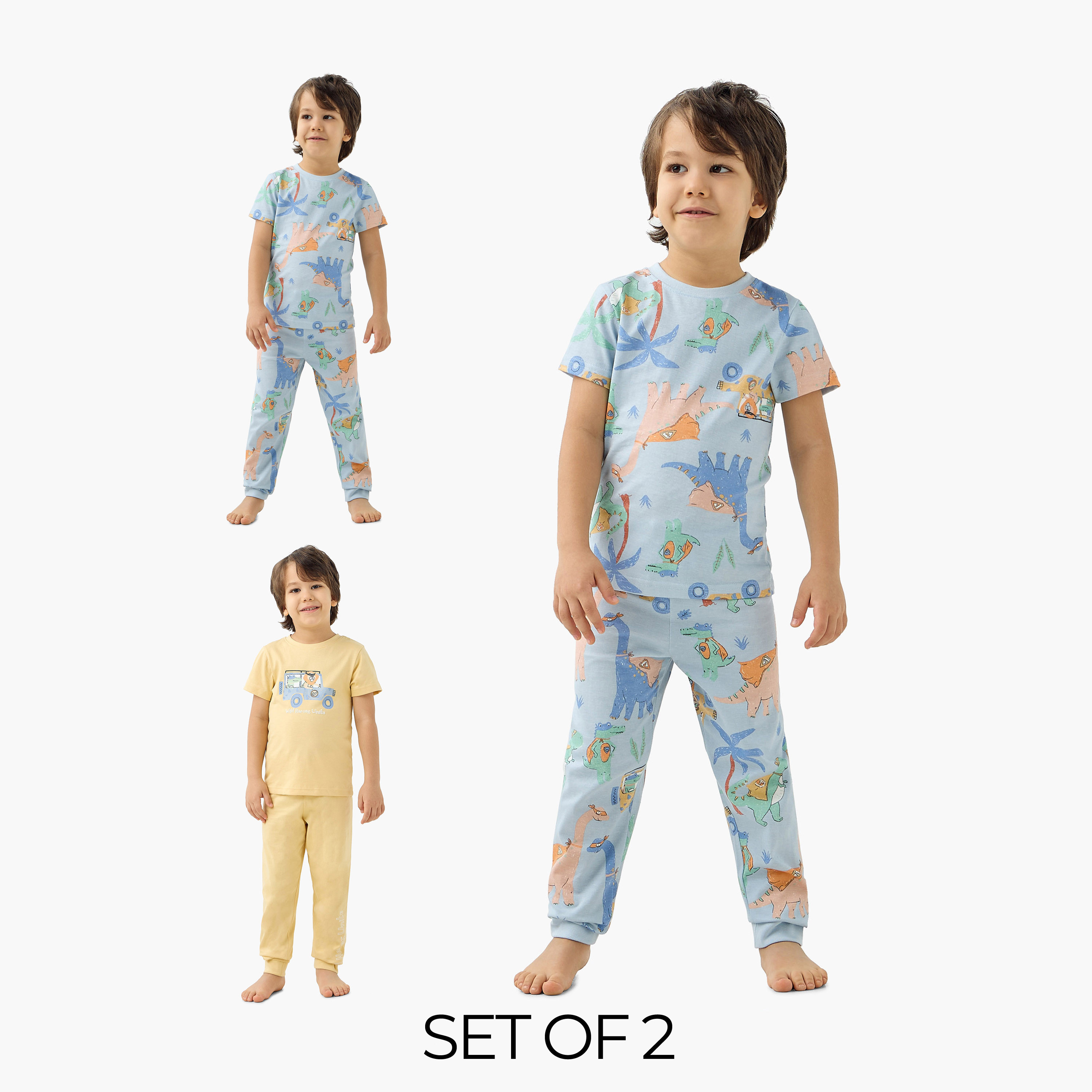 تيشيرتات بطبعات ديناصورات مع بنطلونات بيجاما - مجموعة من طقمين-boys-clothing-nightwear-image-1