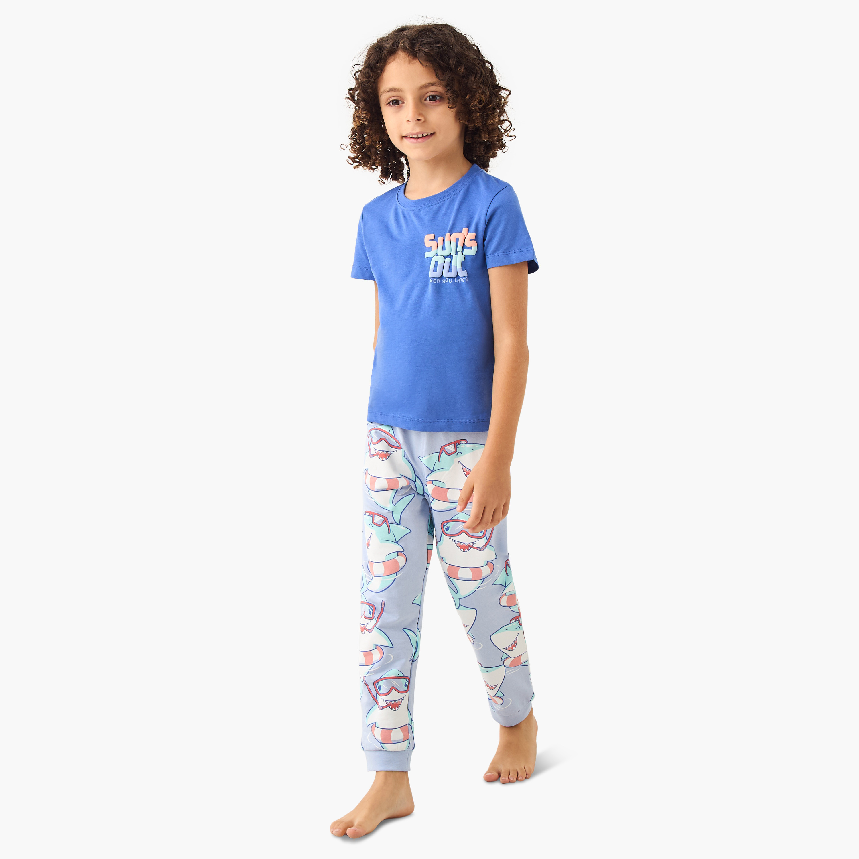 Juniors Shark Print T-shirt and Pyjama Set-boys-clothing-nightwear-image-1