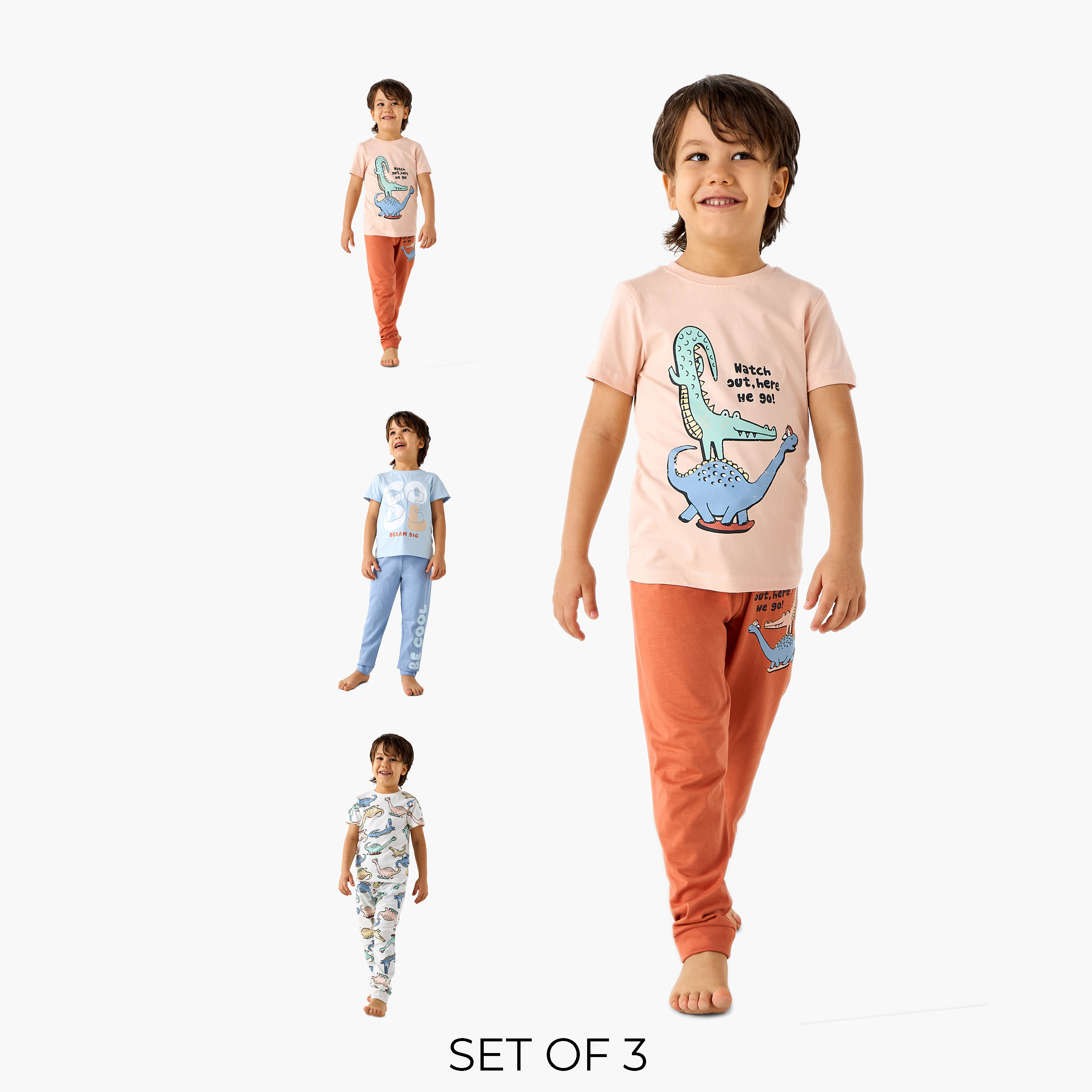 Juniors Dino Print T-shirt with Pyjama - Set of 3-boys-clothing-nightwear-image-1