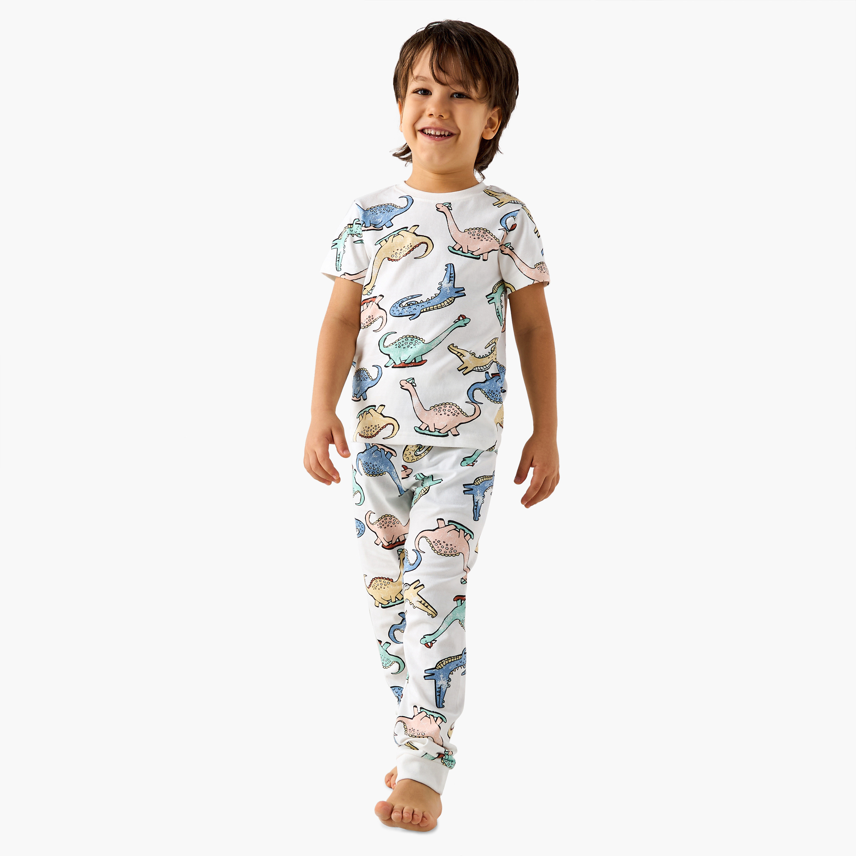 Juniors Dino Print T-shirt with Pyjama - Set of 3-boys-clothing-nightwear-image-3