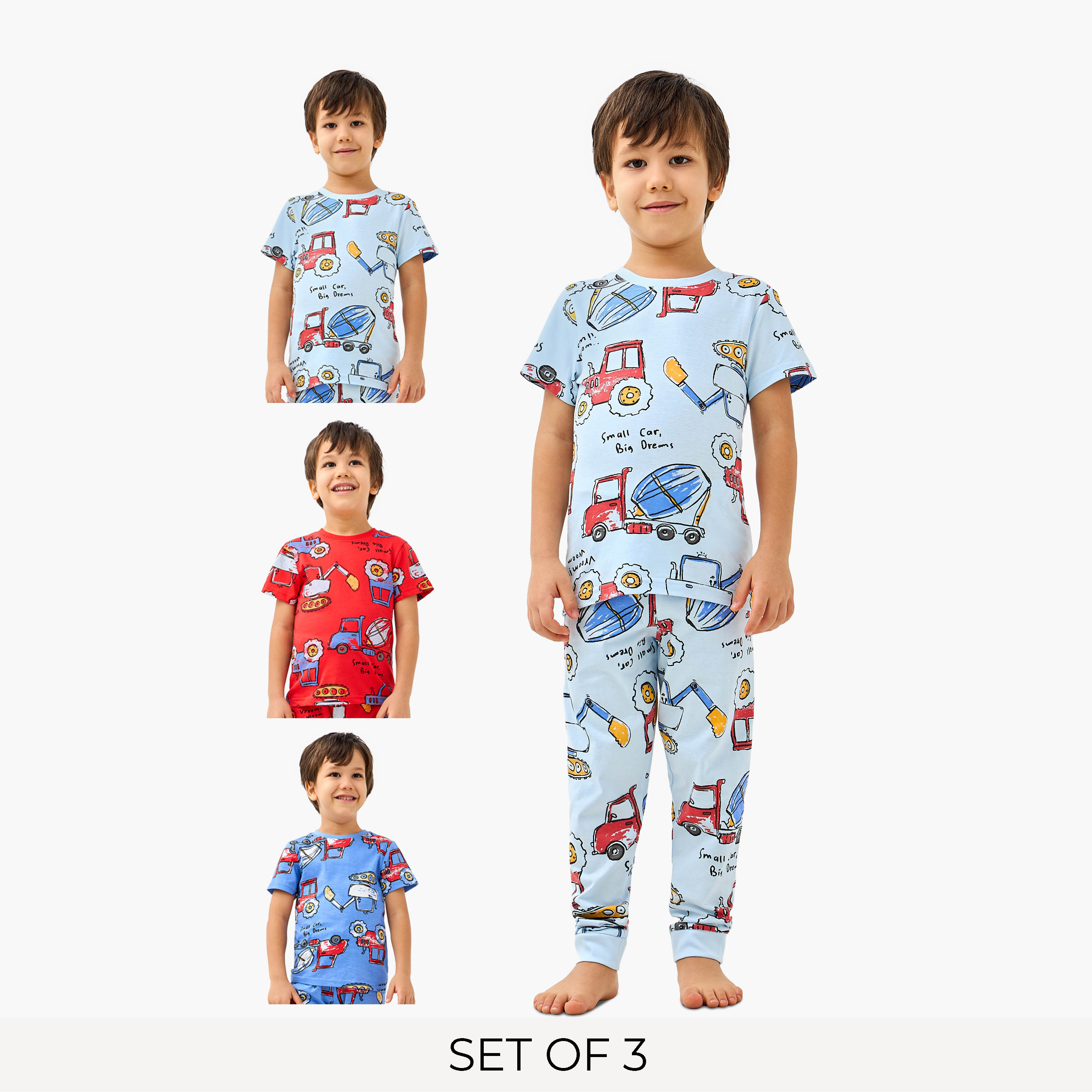 Juniors Construction Vehicle Print T-shirt and Pyjamas - Set of 3-boys-clothing-nightwear-image-1
