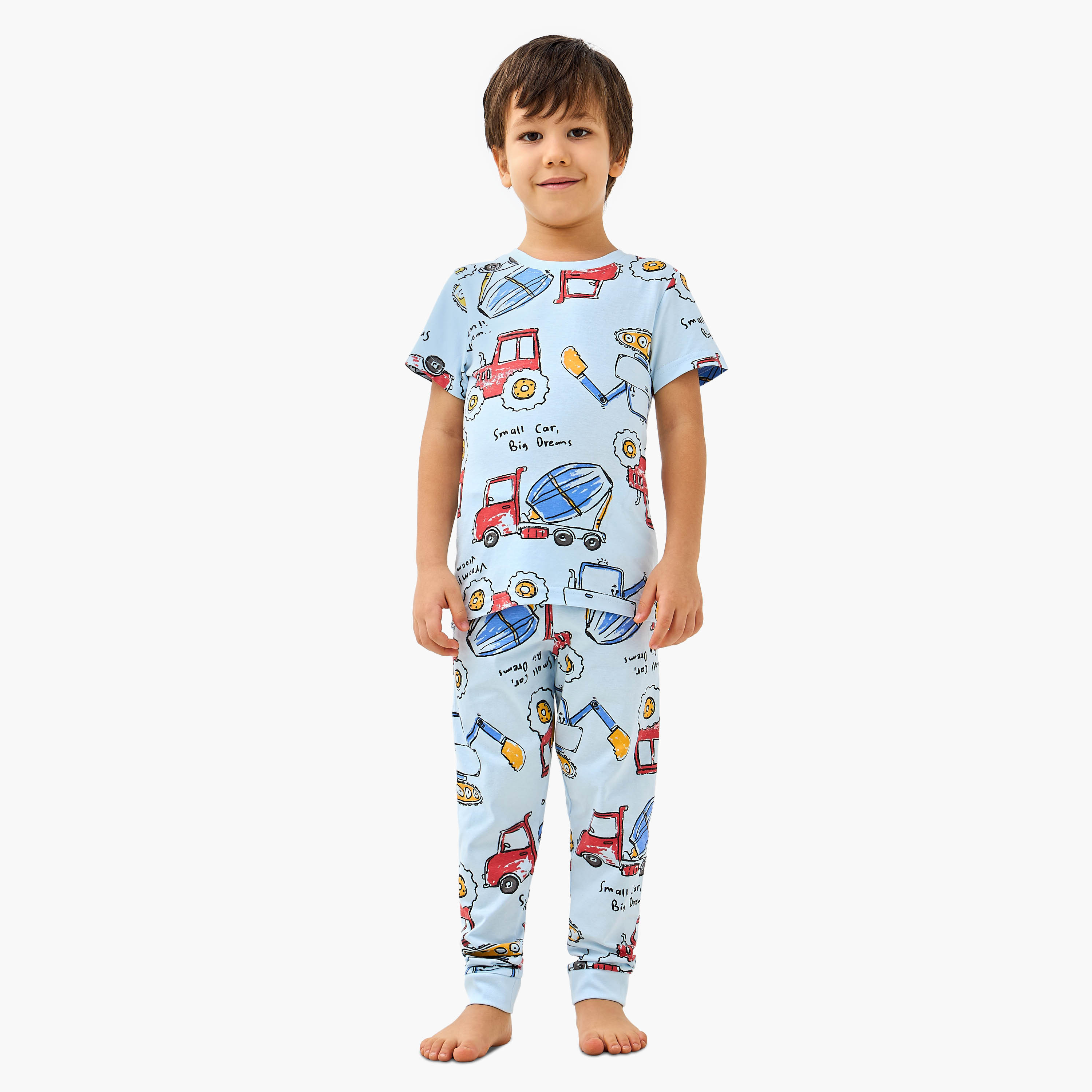 Juniors Construction Vehicle Print T-shirt and Pyjamas - Set of 3-boys-clothing-nightwear-image-2