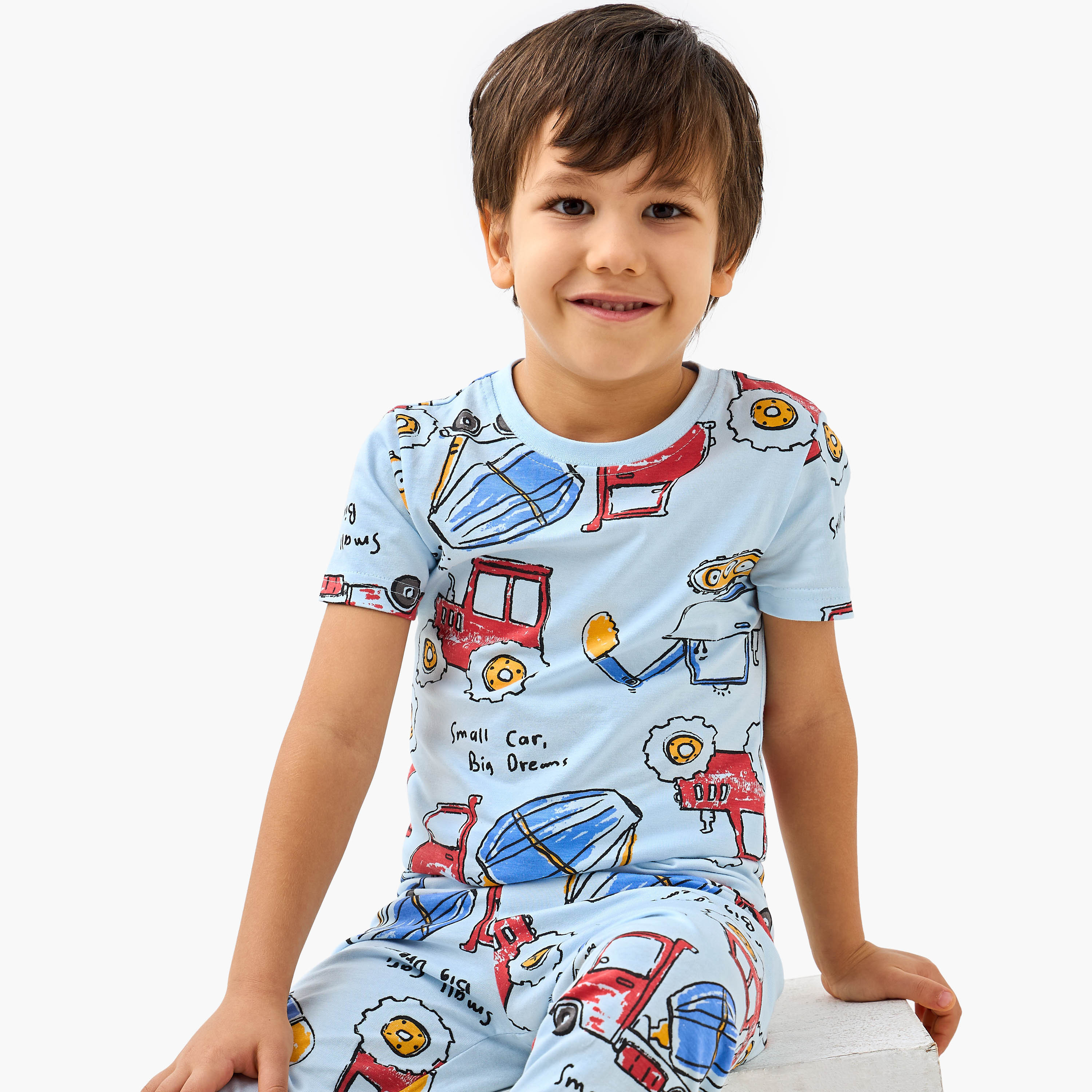 Juniors Construction Vehicle Print T-shirt and Pyjamas - Set of 3-boys-clothing-nightwear-image-8