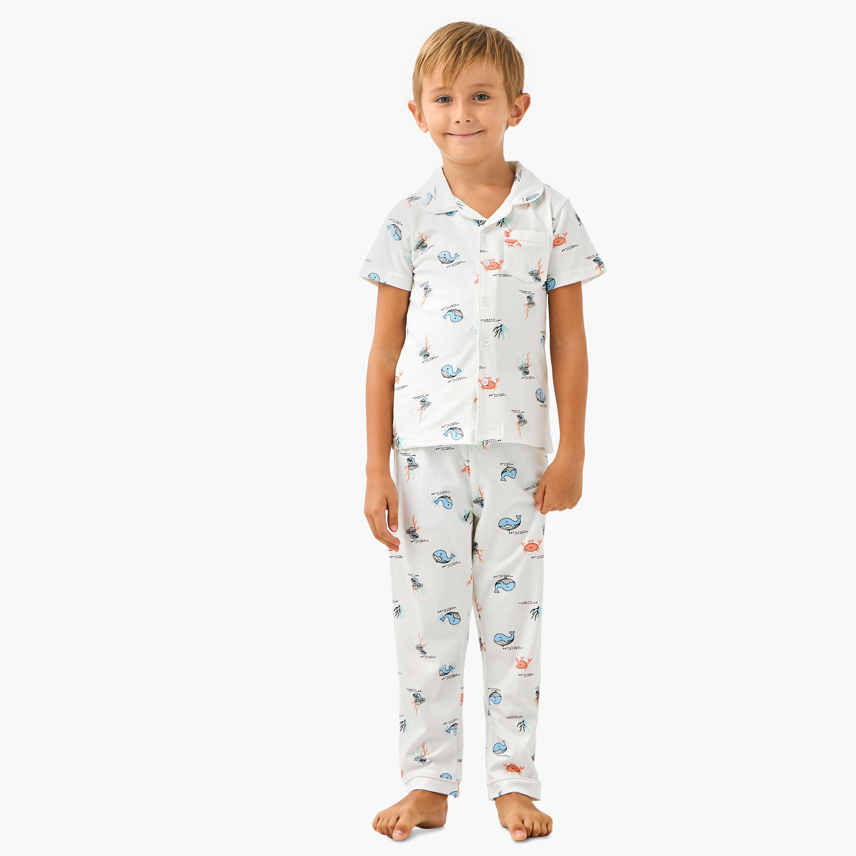 Juniors Sea Life Print Shirt and Pyjama Set-boys-clothing-nightwear-image-1
