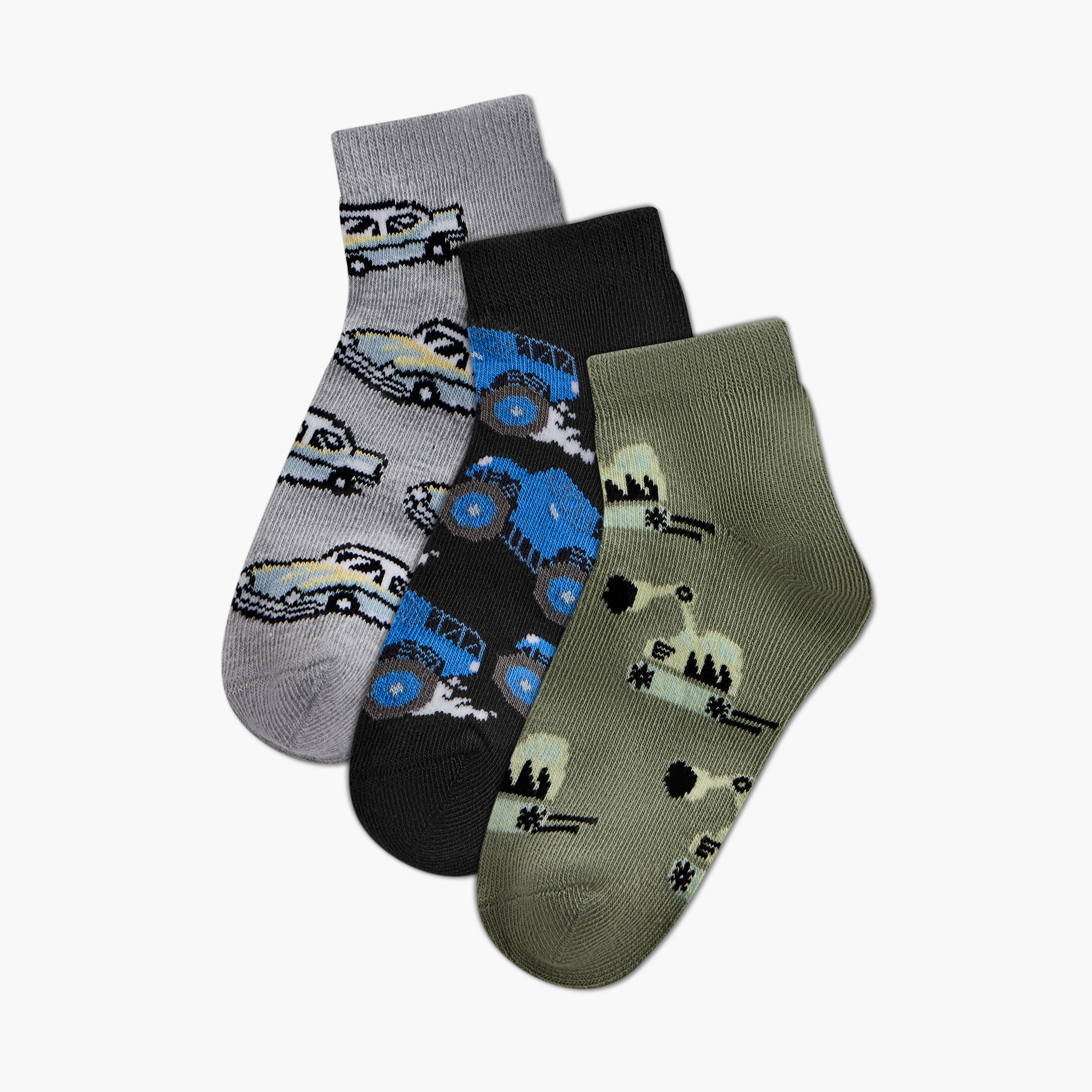Juniors Vehicle Print Ankle Length Socks - Set of 3-baby-boys-accessories-socks-image-1