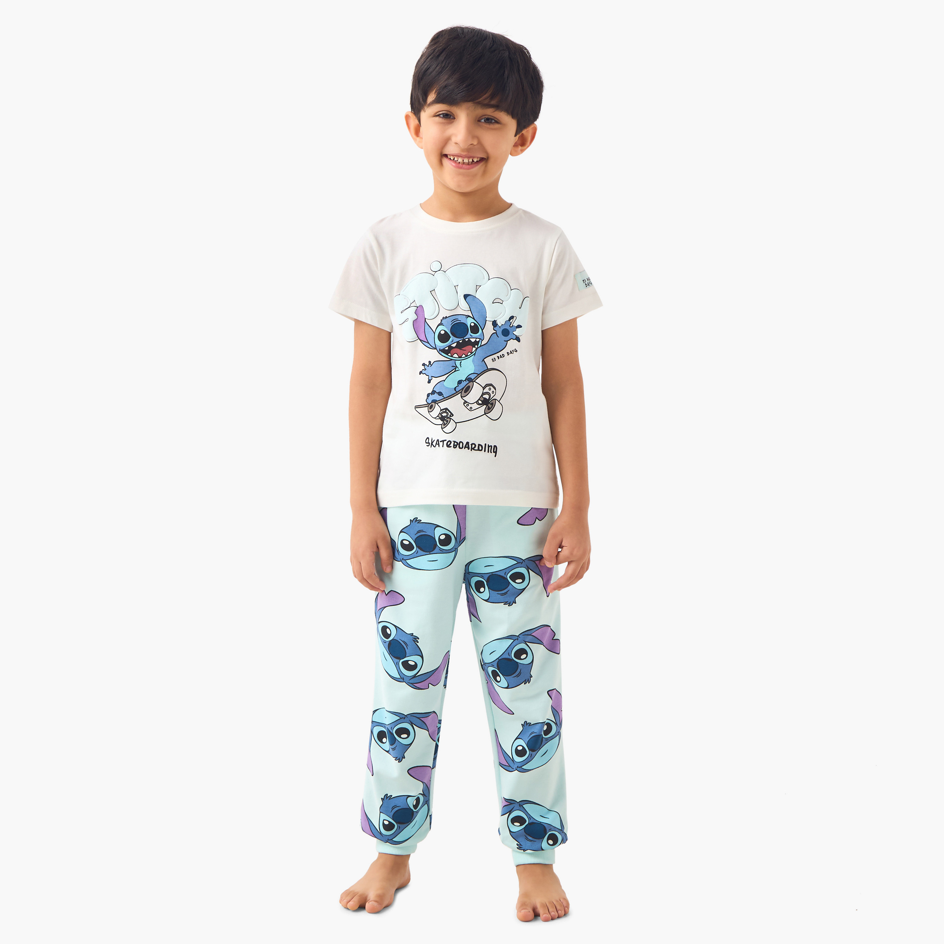Disney Stitch Print T-shirt and Pyjama Set-boys-clothing-nightwear-image-1