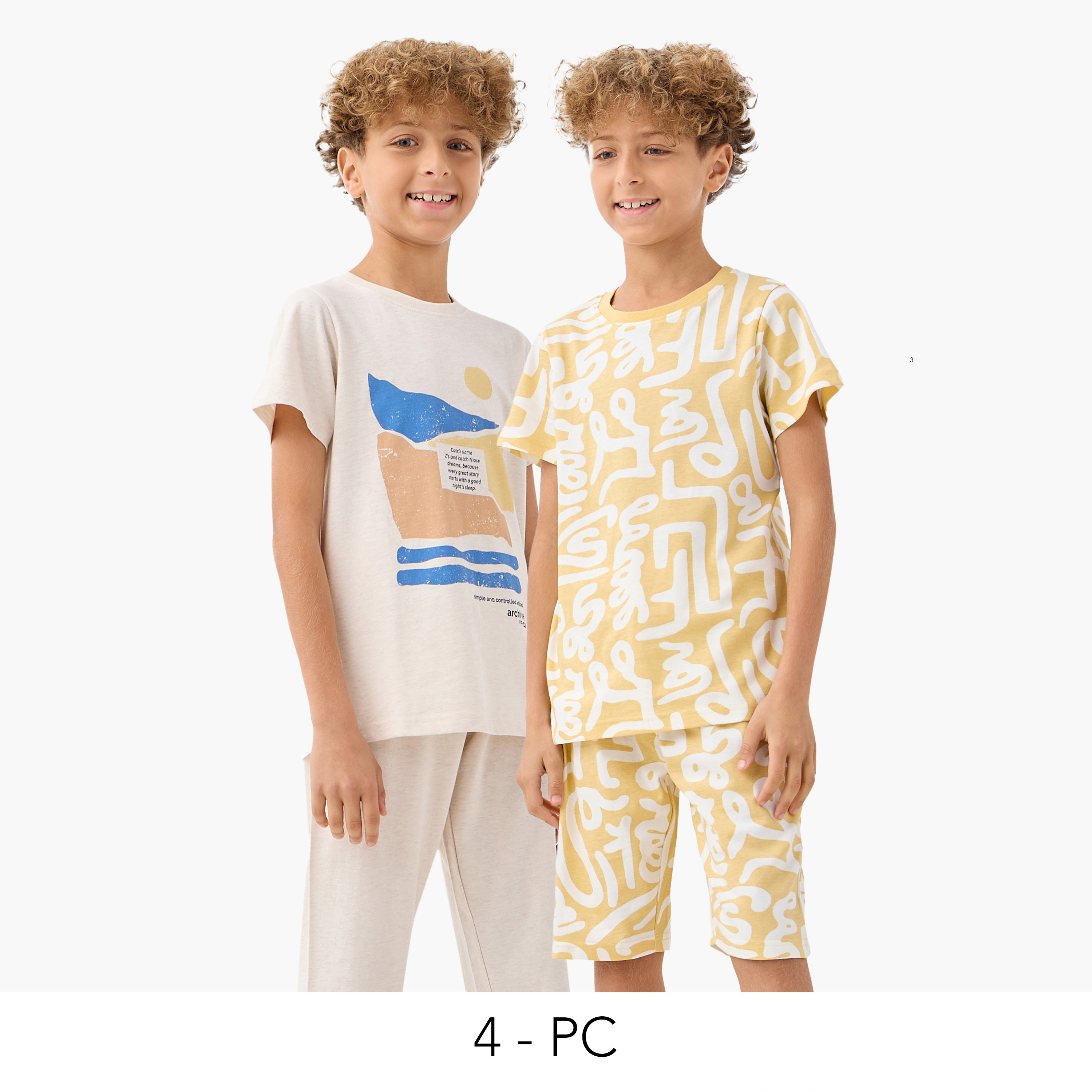 Juniors 4-Piece Printed T-shirt with Pyjamas and Shorts Set-boys-clothing-nightwear-image-1