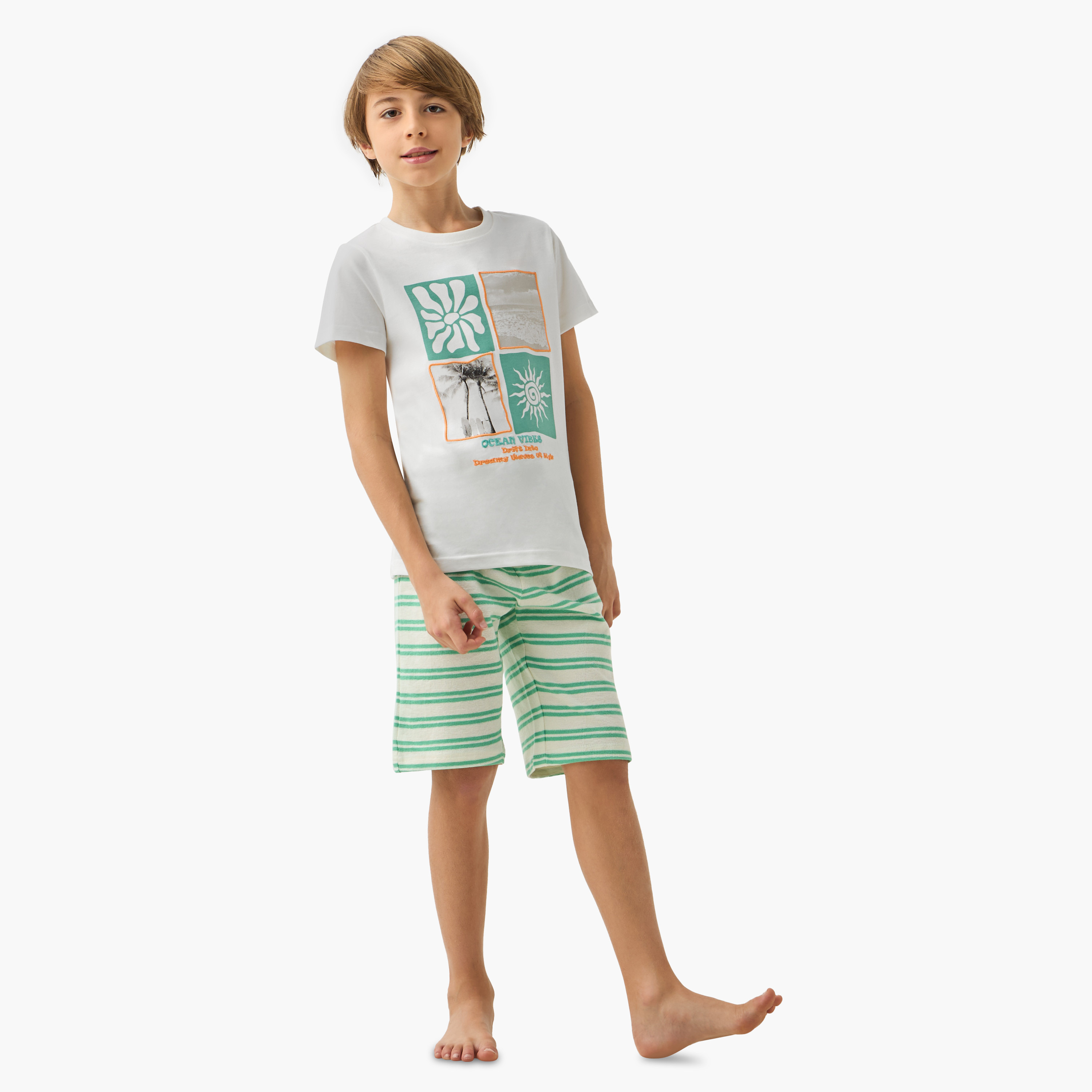 Juniors Printed T-shirt and Striped Shorts Set-boys-clothing-nightwear-image-1