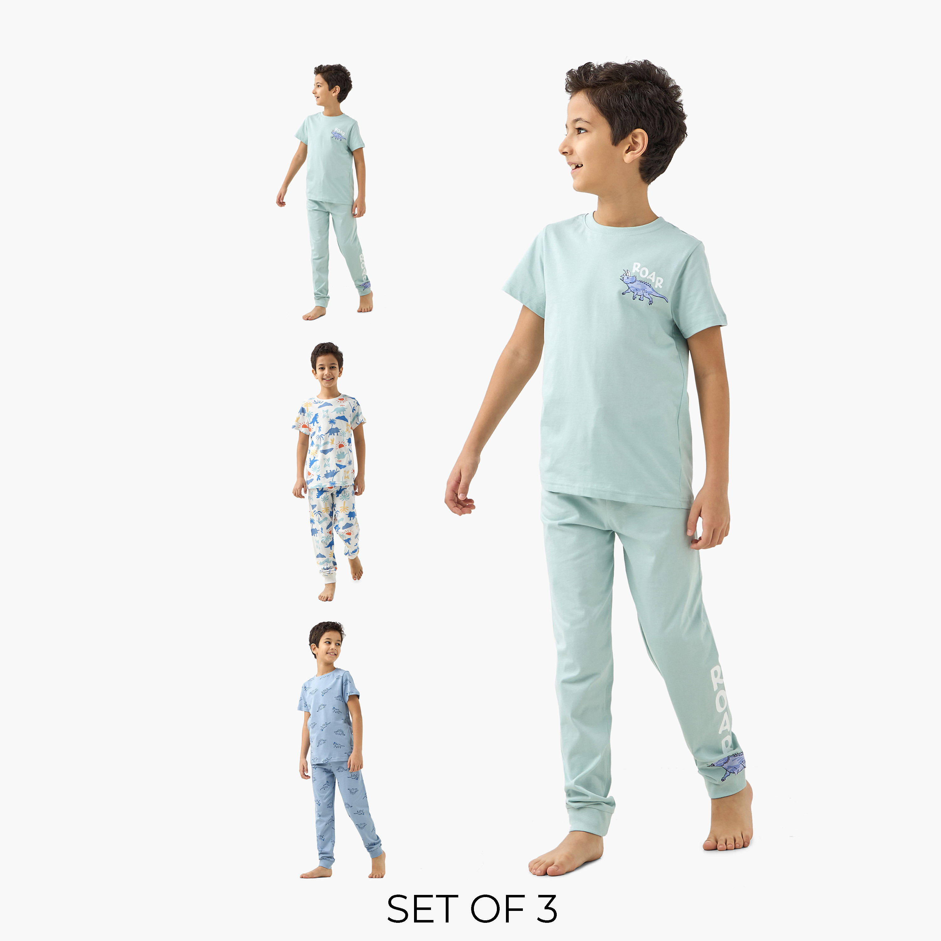 Juniors Dinosaur Print T-shirt and Pyjamas - Set of 3-boys-clothing-nightwear-image-1