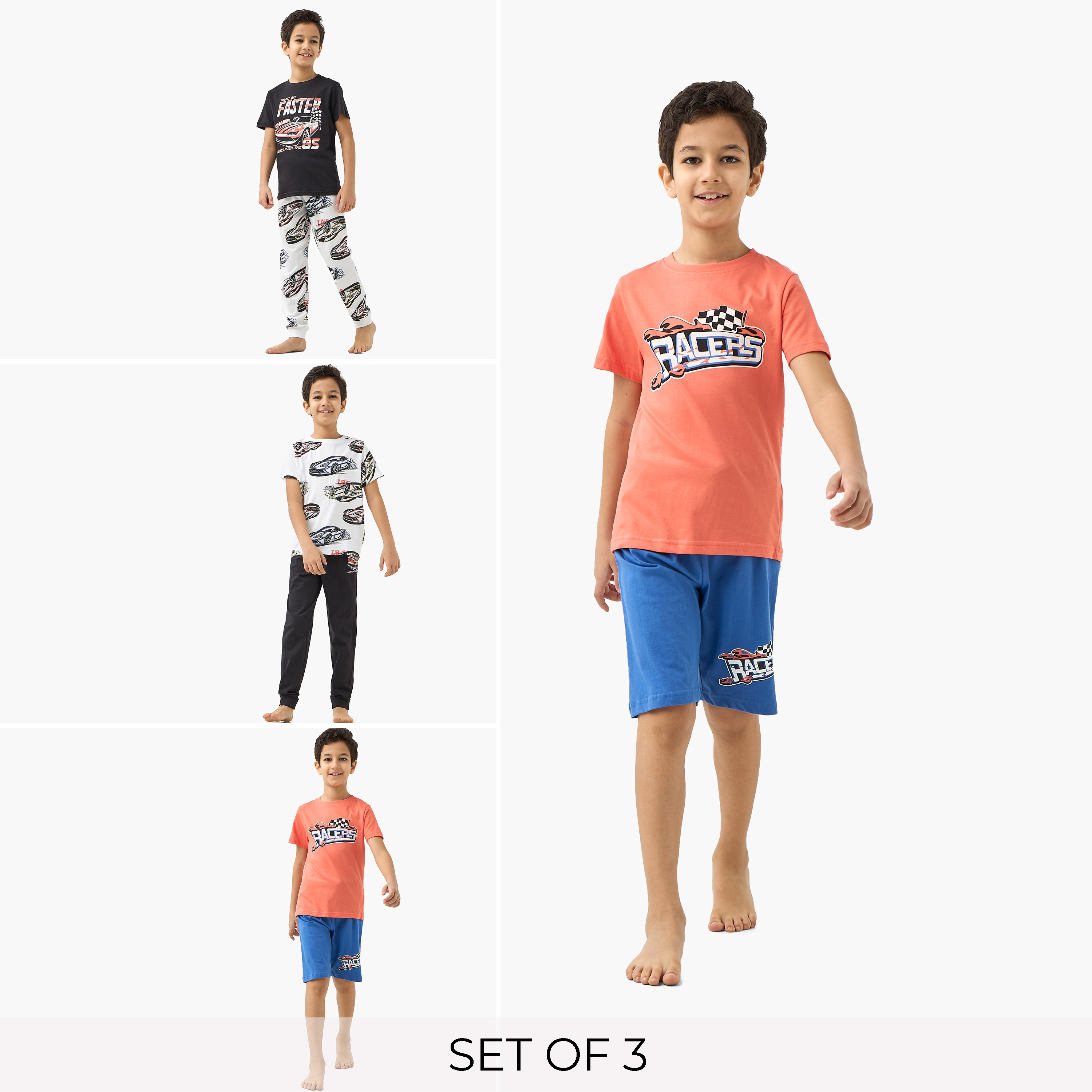 Juniors Printed Crew Neck T-shirts and Pyjamas - Set of 3-boys-clothing-nightwear-image-1