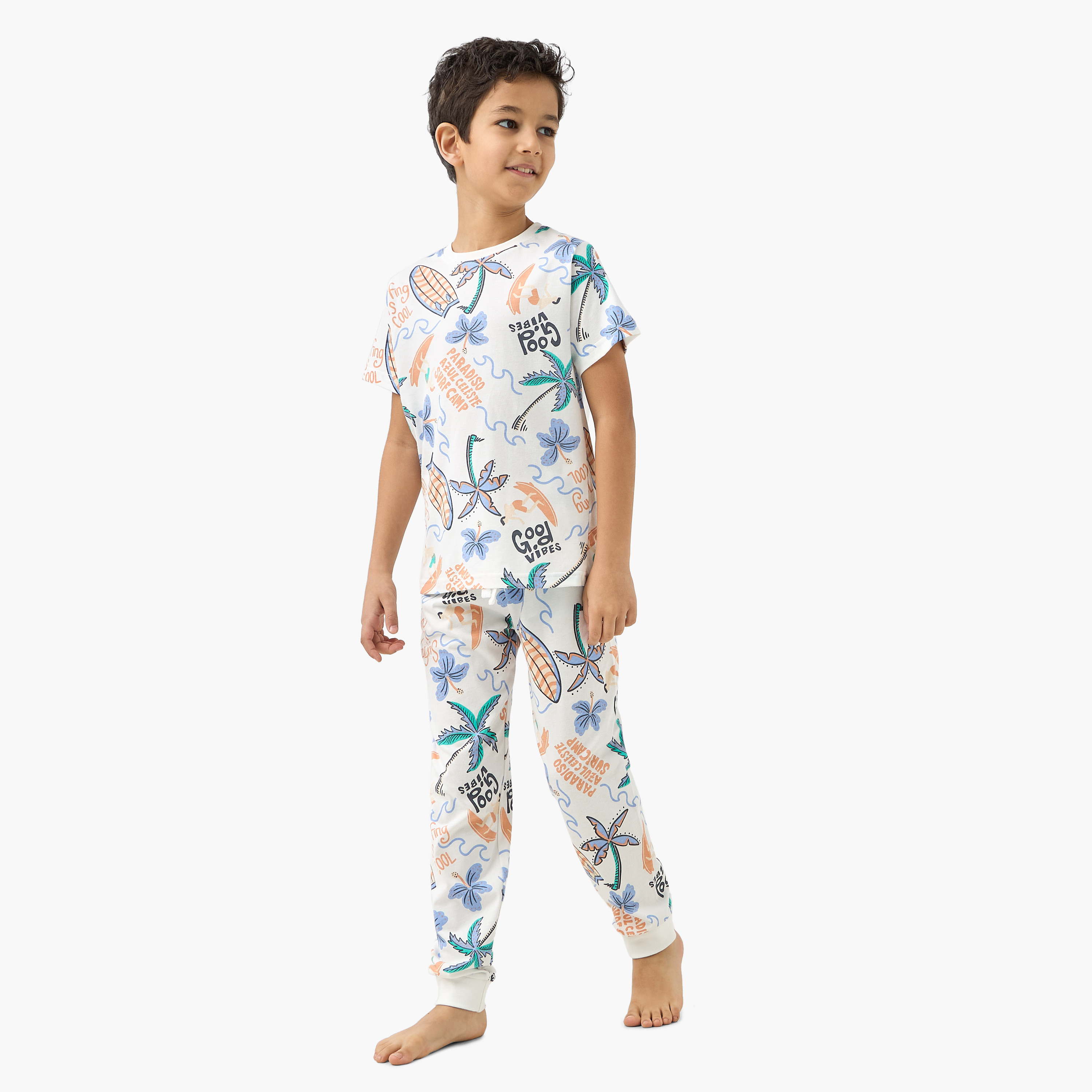 Juniors All-Over Tropical Print T-shirt and Pyjama Set-boys-clothing-nightwear-image-1