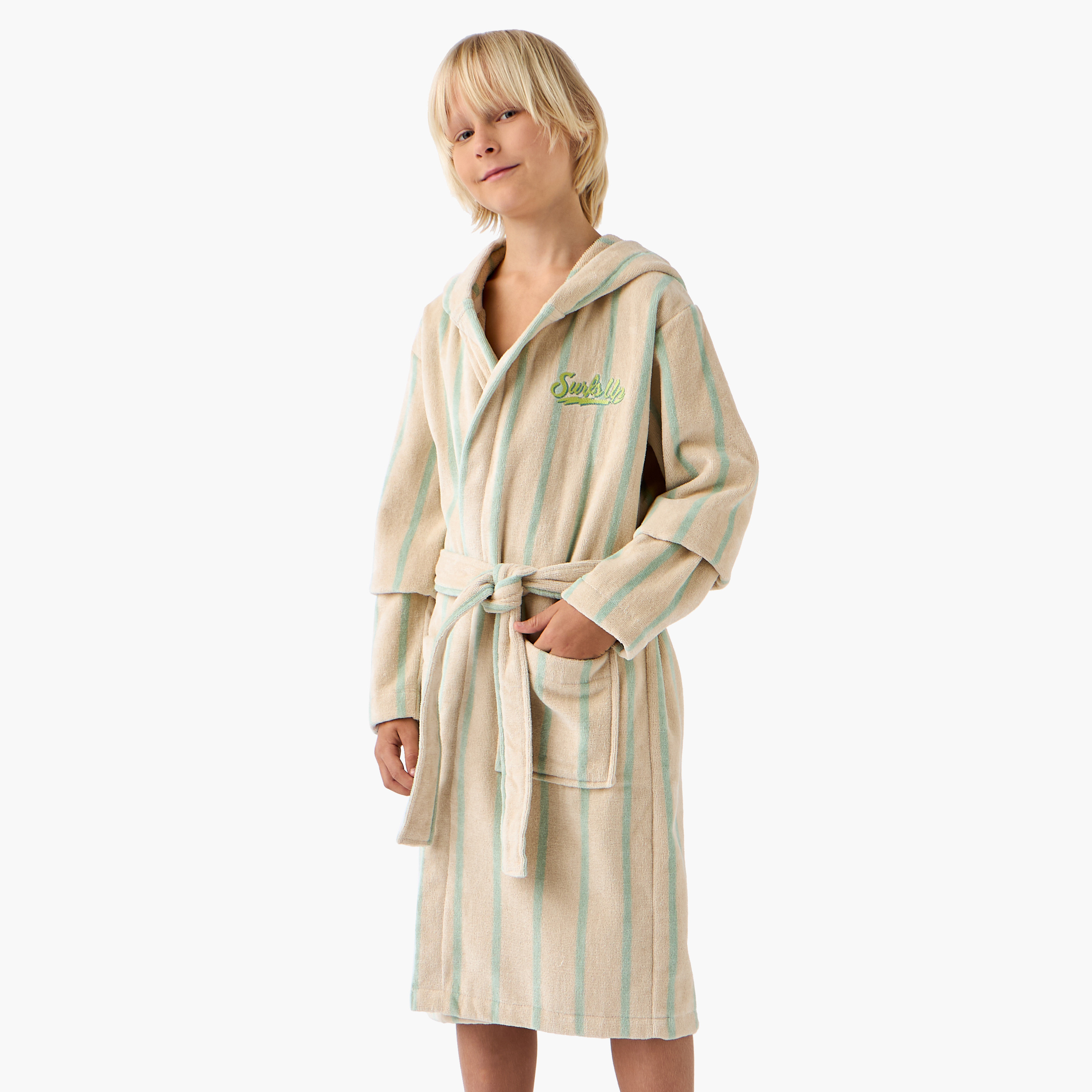 Juniors Striped Hooded Bathrobe with Pockets and Tie-Up Detail-boys-clothing-nightwear-image-1
