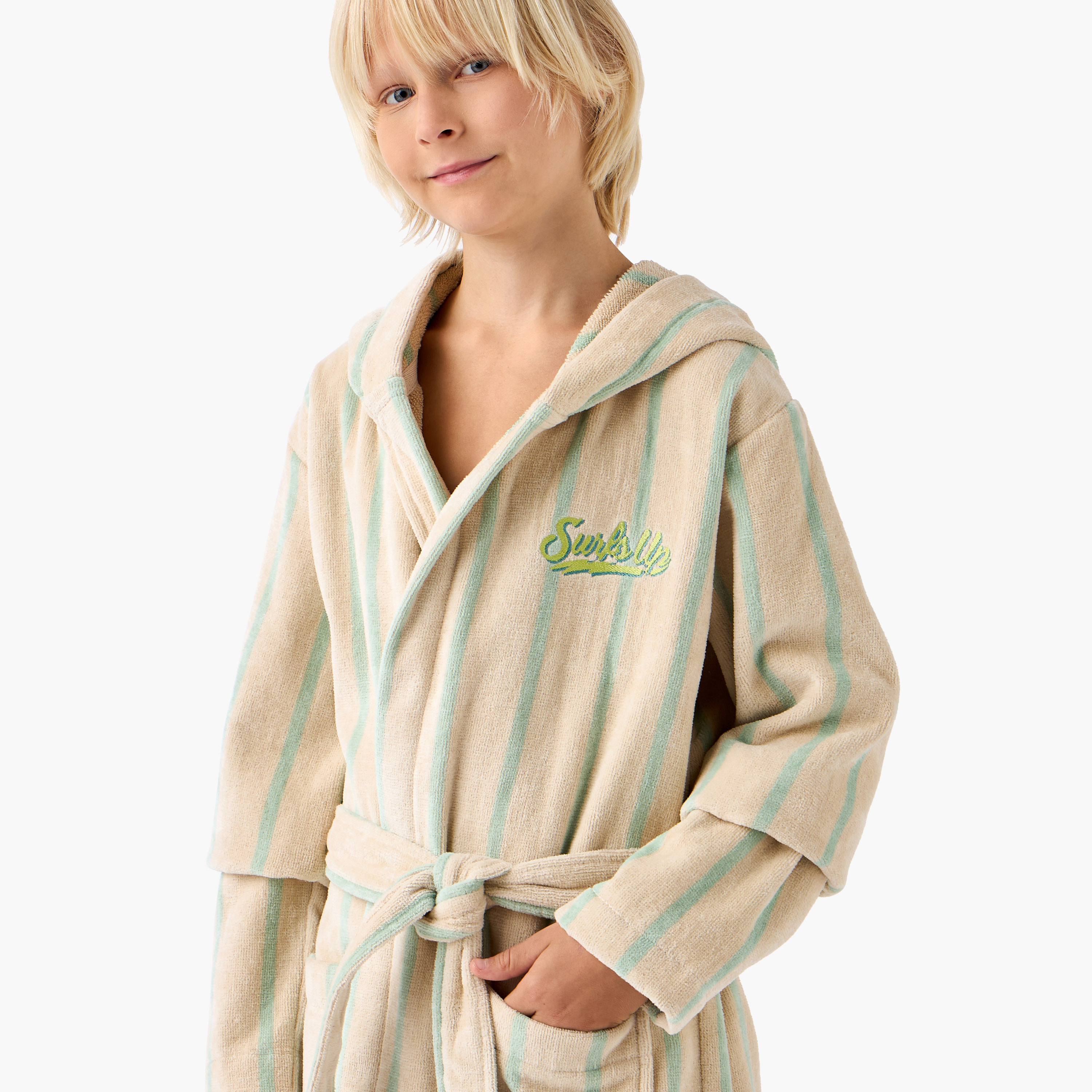 Juniors Striped Hooded Bathrobe with Pockets and Tie-Up Detail-boys-clothing-nightwear-image-5