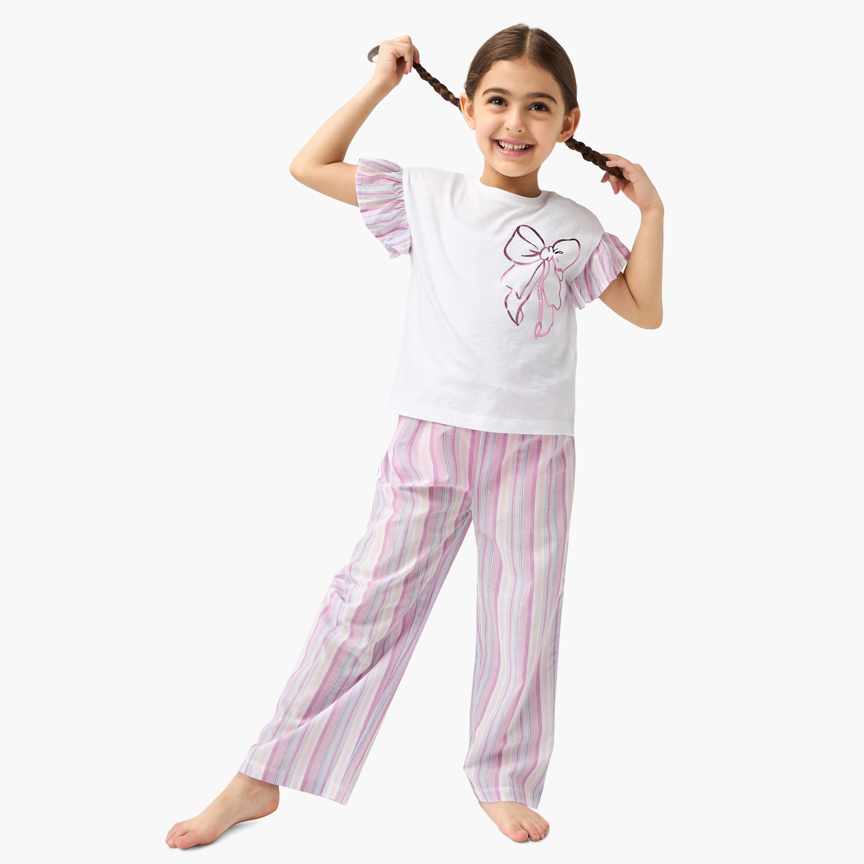 Juniors Bow Print T-shirt and Striped Pyjama-girls-clothing-nightwear-image-1