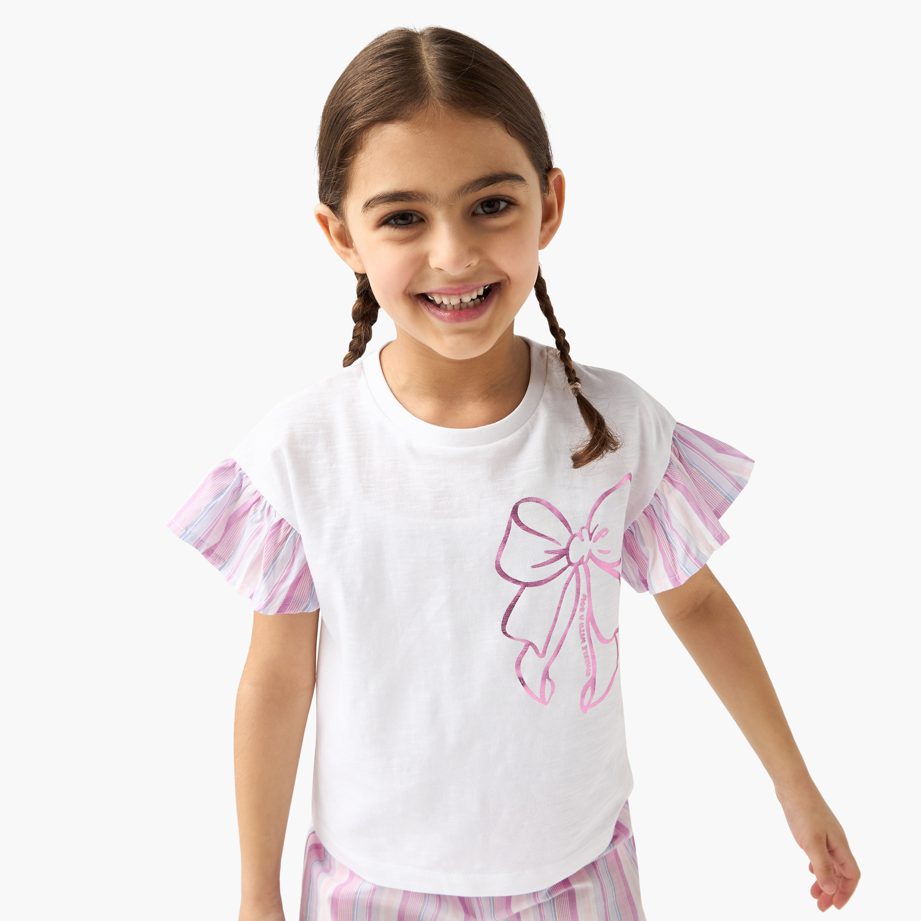 Juniors Bow Print T-shirt and Striped Pyjama-girls-clothing-nightwear-image-2