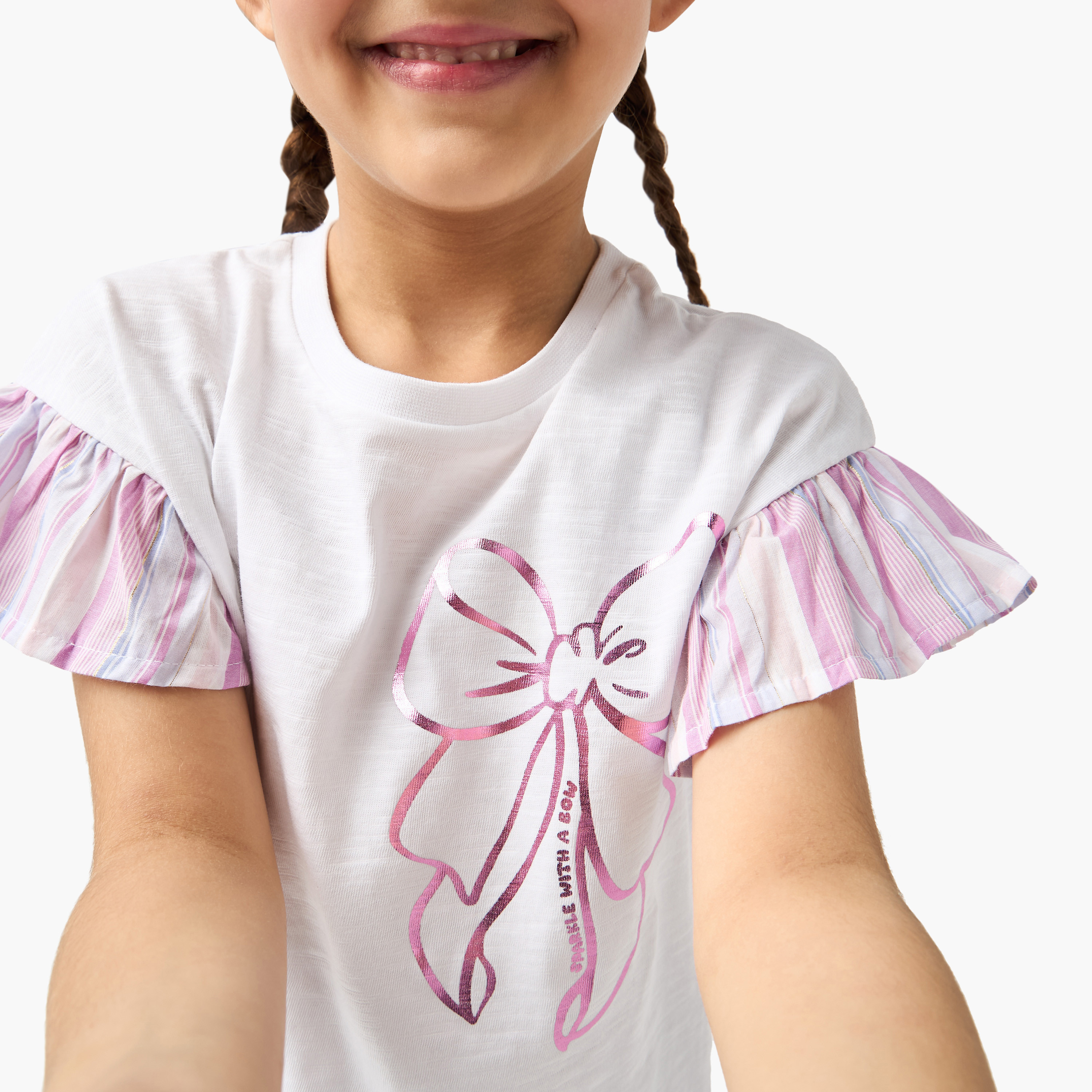 Juniors Bow Print T-shirt and Striped Pyjama-girls-clothing-nightwear-image-5