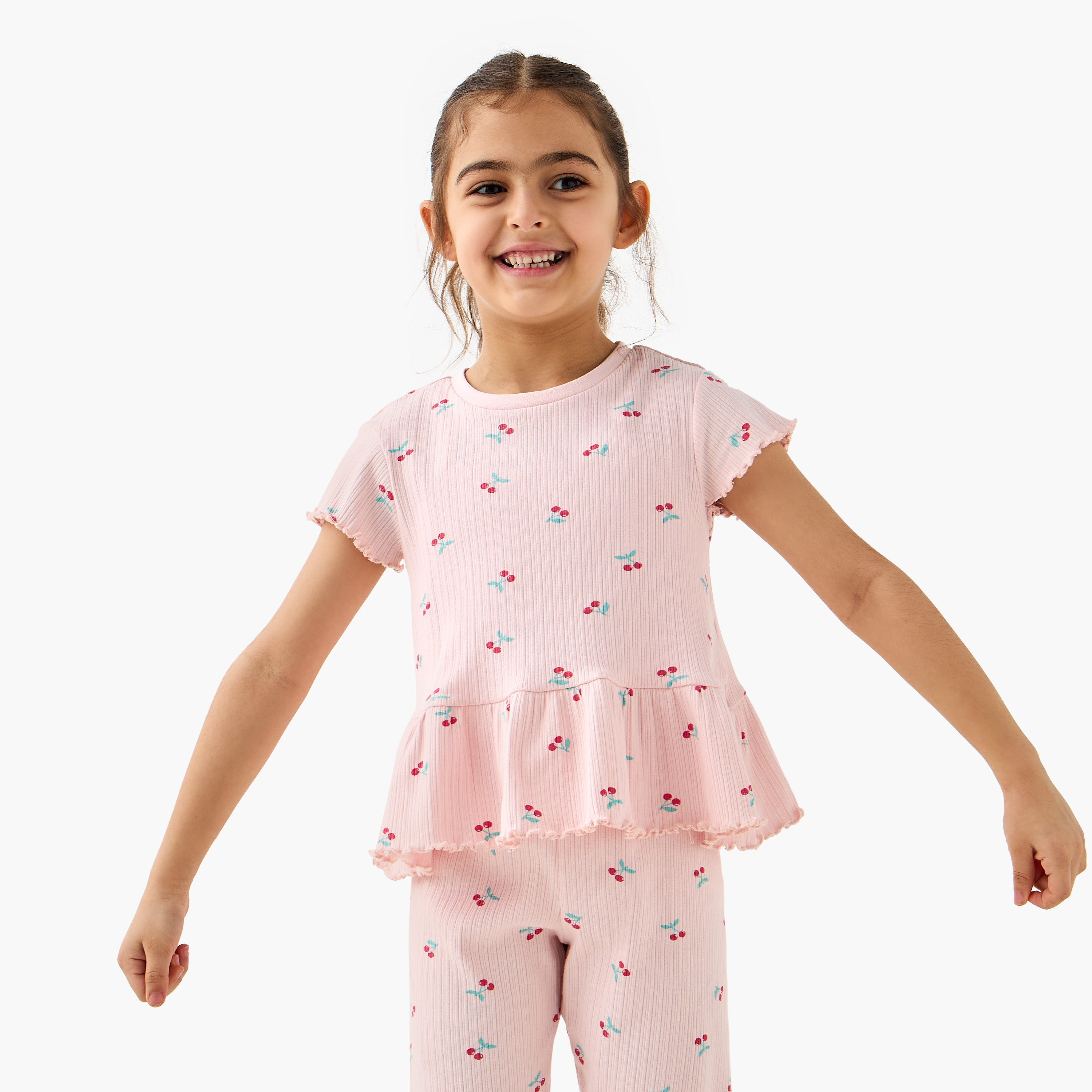 Juniors Cherry Print Top and Pyjama Set-girls-clothing-nightwear-image-2