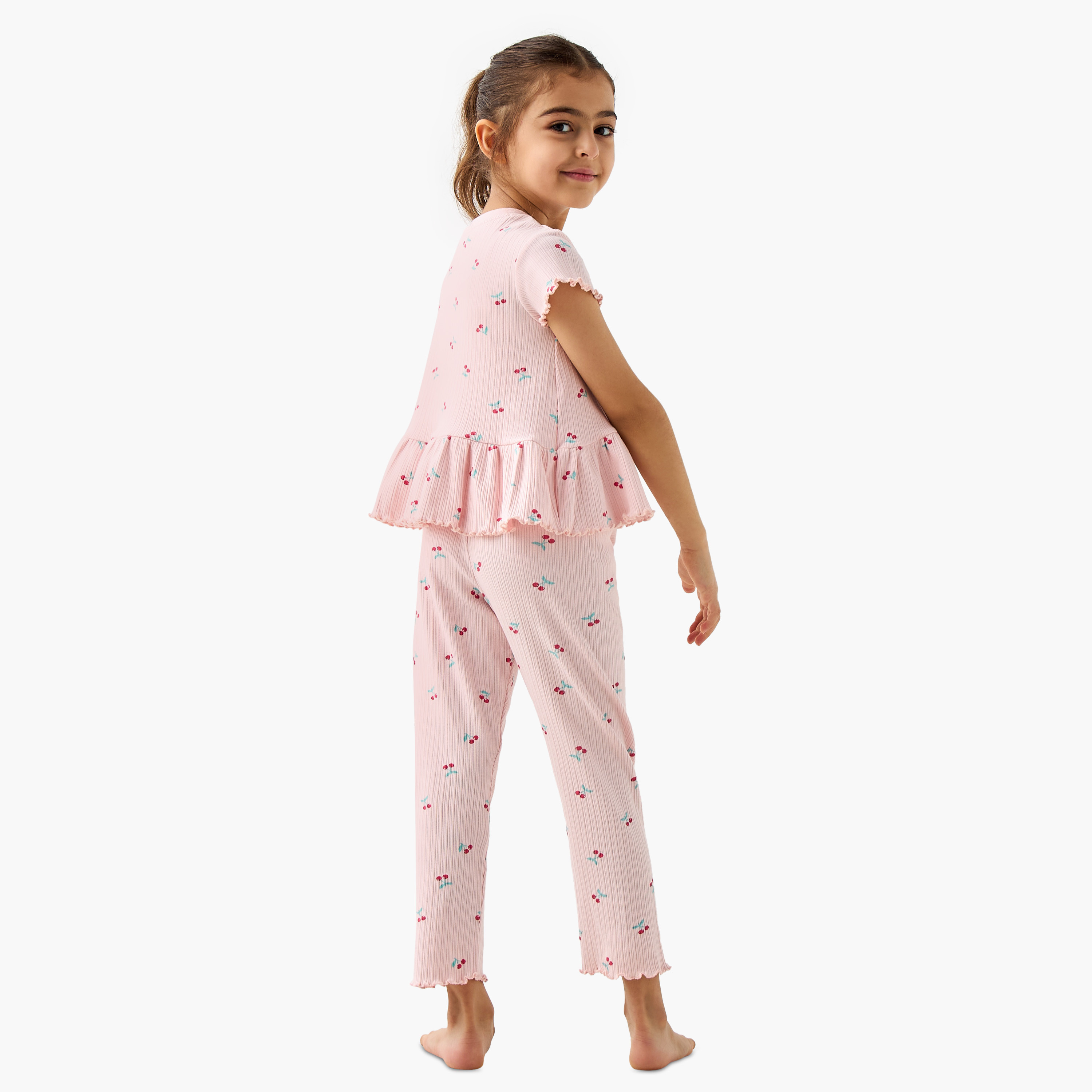 Juniors Cherry Print Top and Pyjama Set-girls-clothing-nightwear-image-4