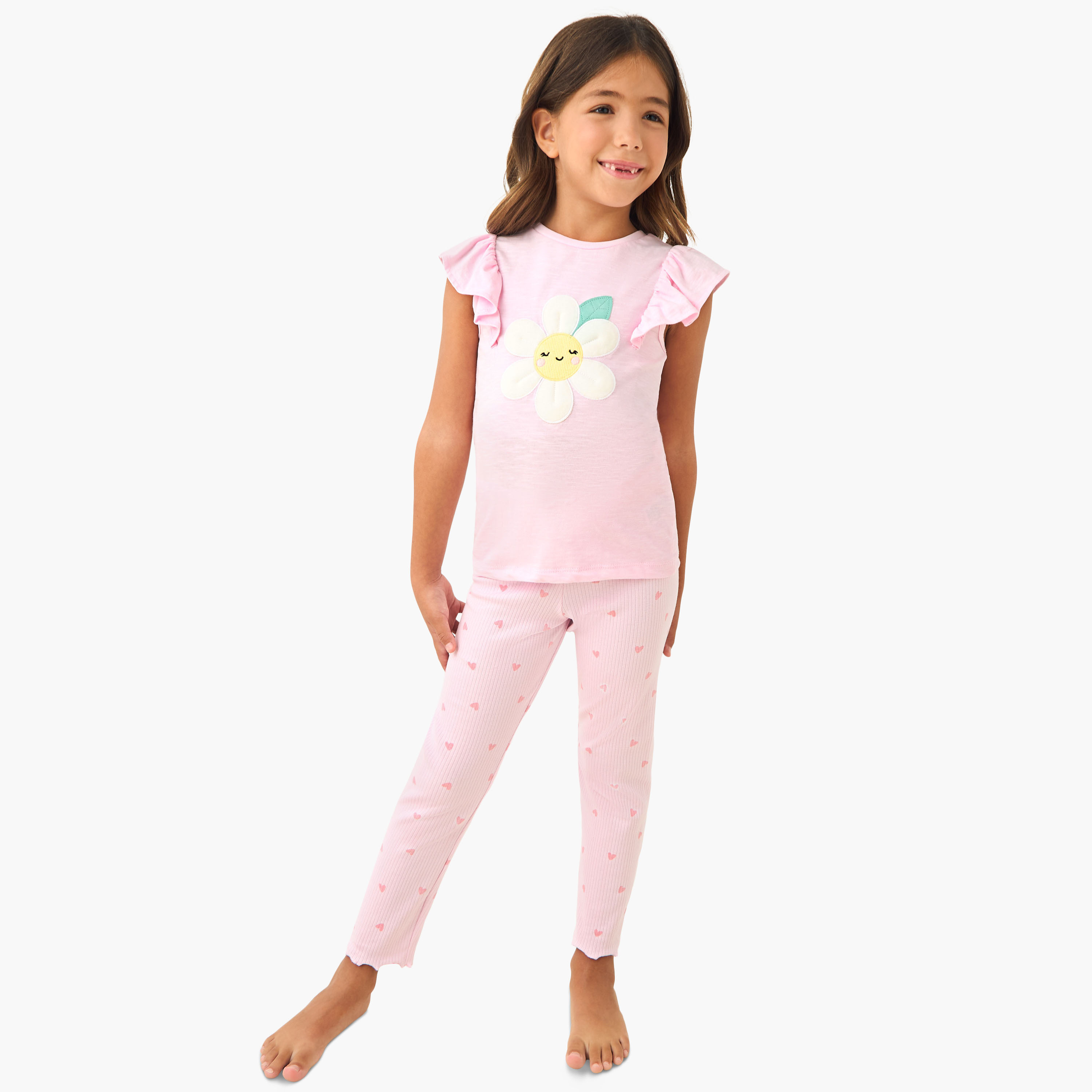 Juniors Floral Applique T-shirt and Pyjama Set-girls-clothing-nightwear-image-1