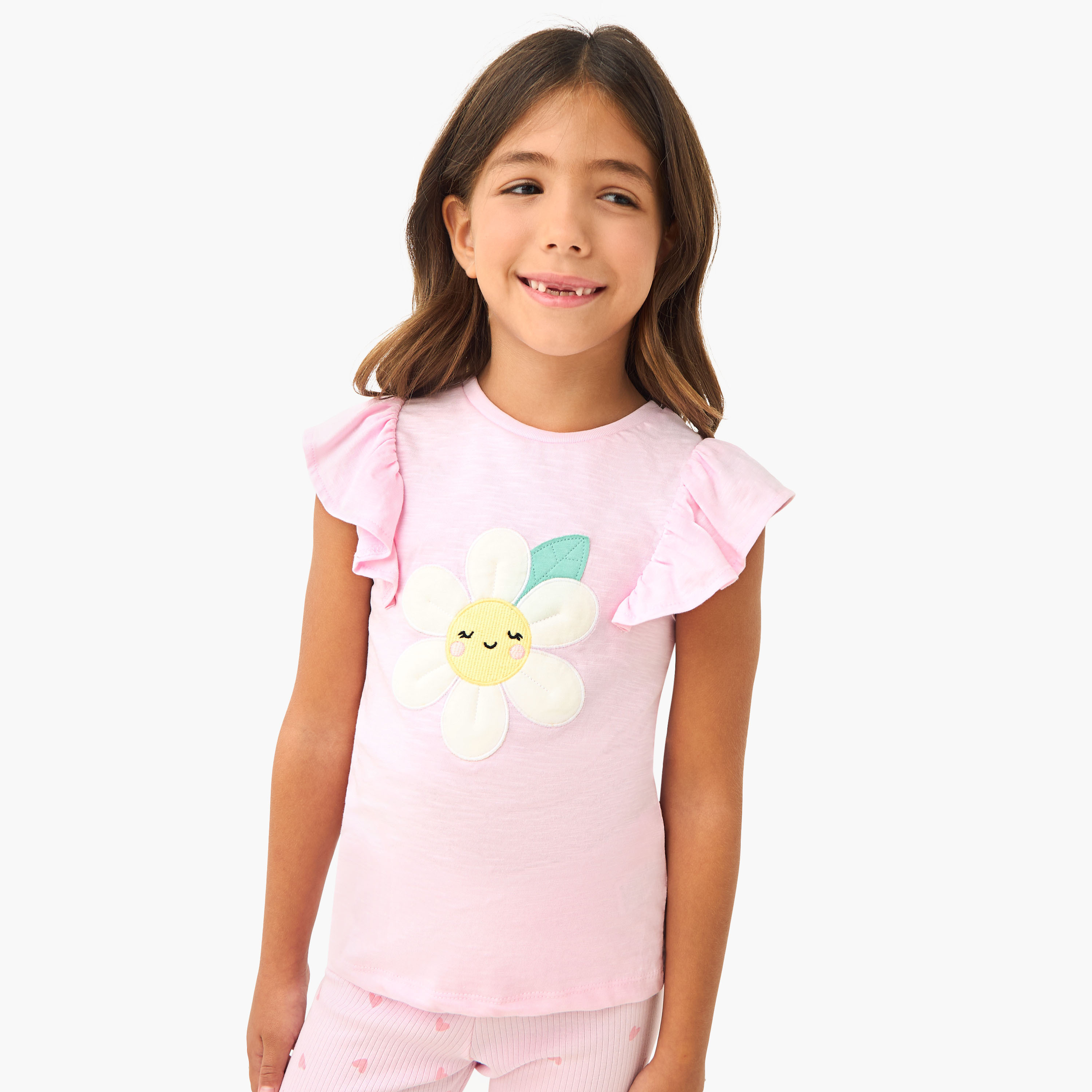 Juniors Floral Applique T-shirt and Pyjama Set-girls-clothing-nightwear-image-2