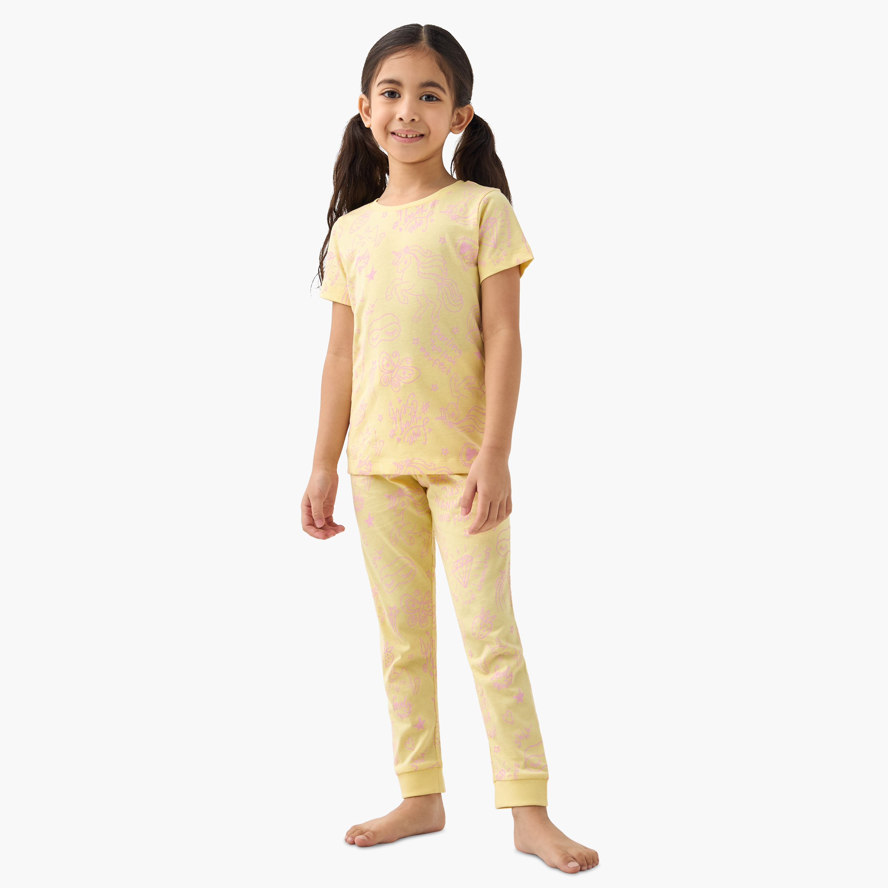 All-Over Print Long Sleeve T-shirt and Pyjama Set-baby-girls-clothing-nightwear-pyjamasets-image-1