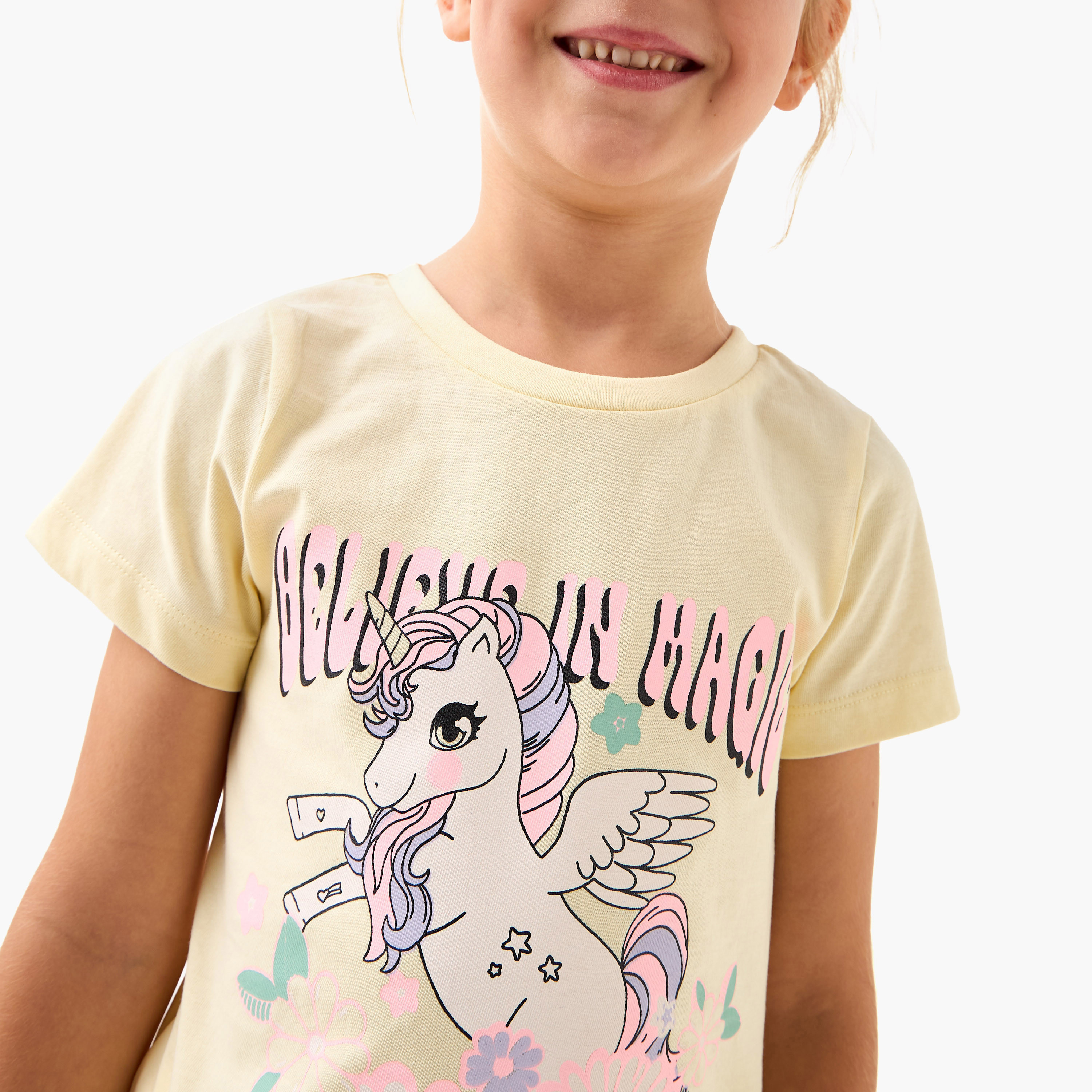 Juniors Unicorn Print T-shirt and Pyjama Set-girls-clothing-nightwear-image-5