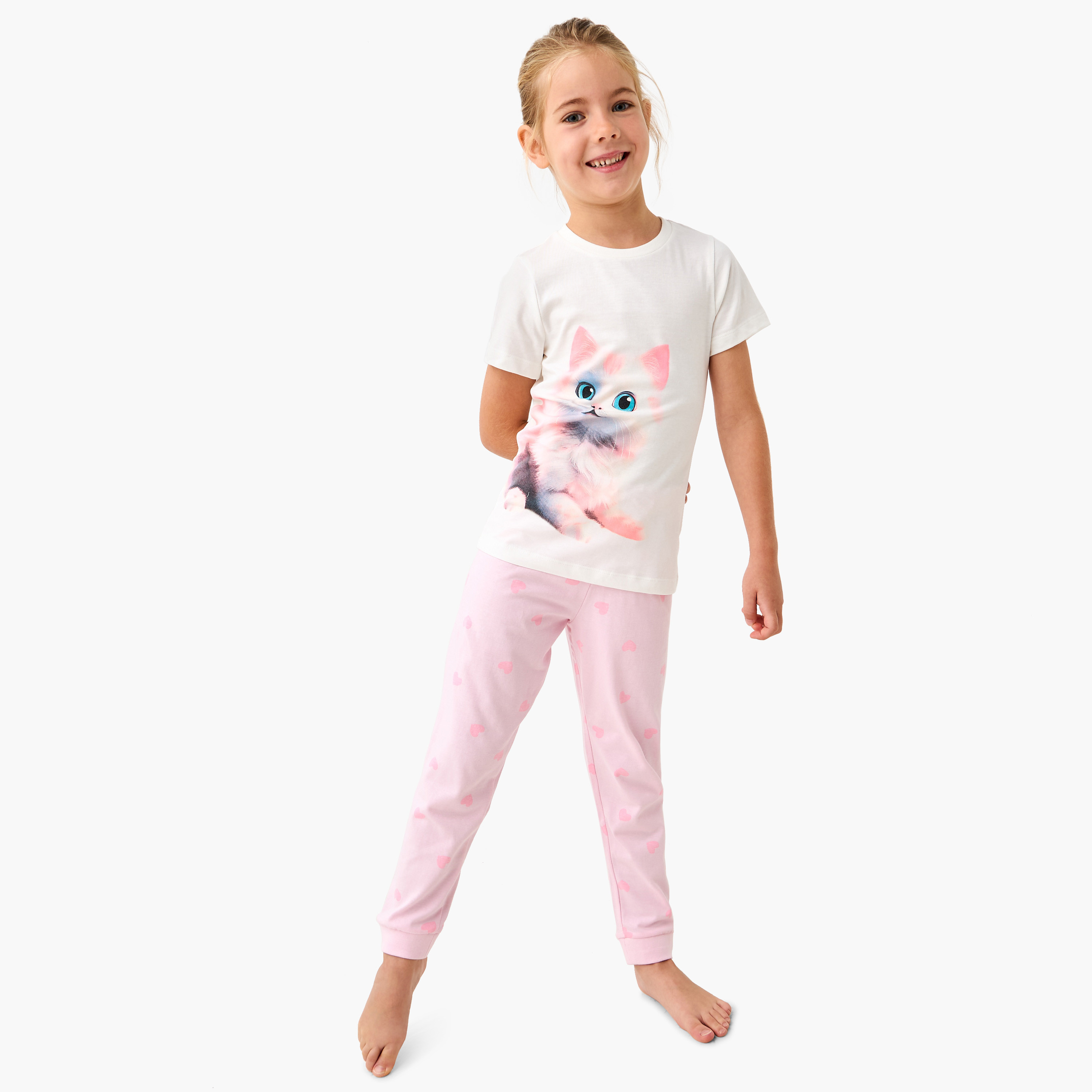 Juniors Cat Print T-shirt and Pyjama Set-girls-clothing-nightwear-image-1