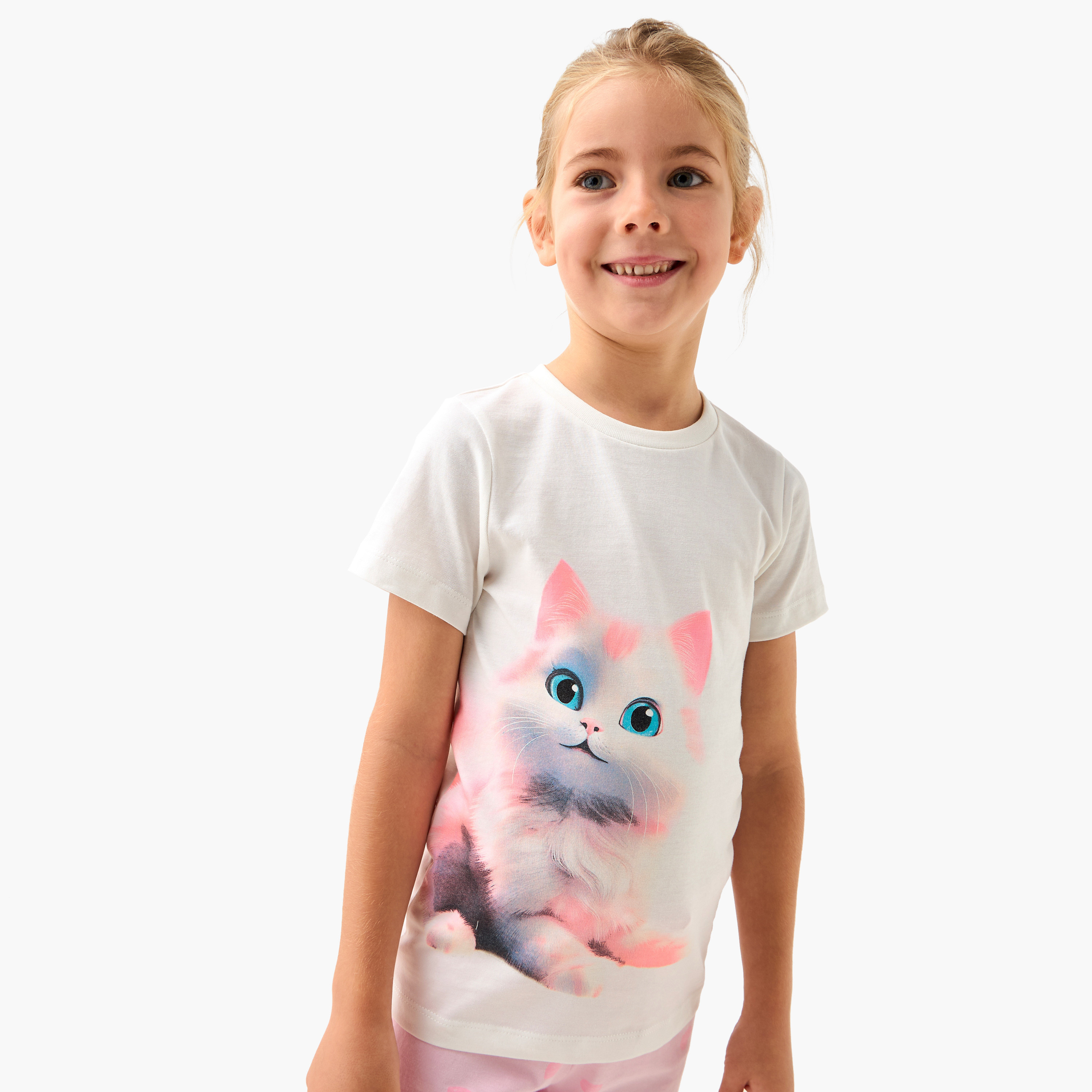 Juniors Cat Print T-shirt and Pyjama Set-girls-clothing-nightwear-image-2
