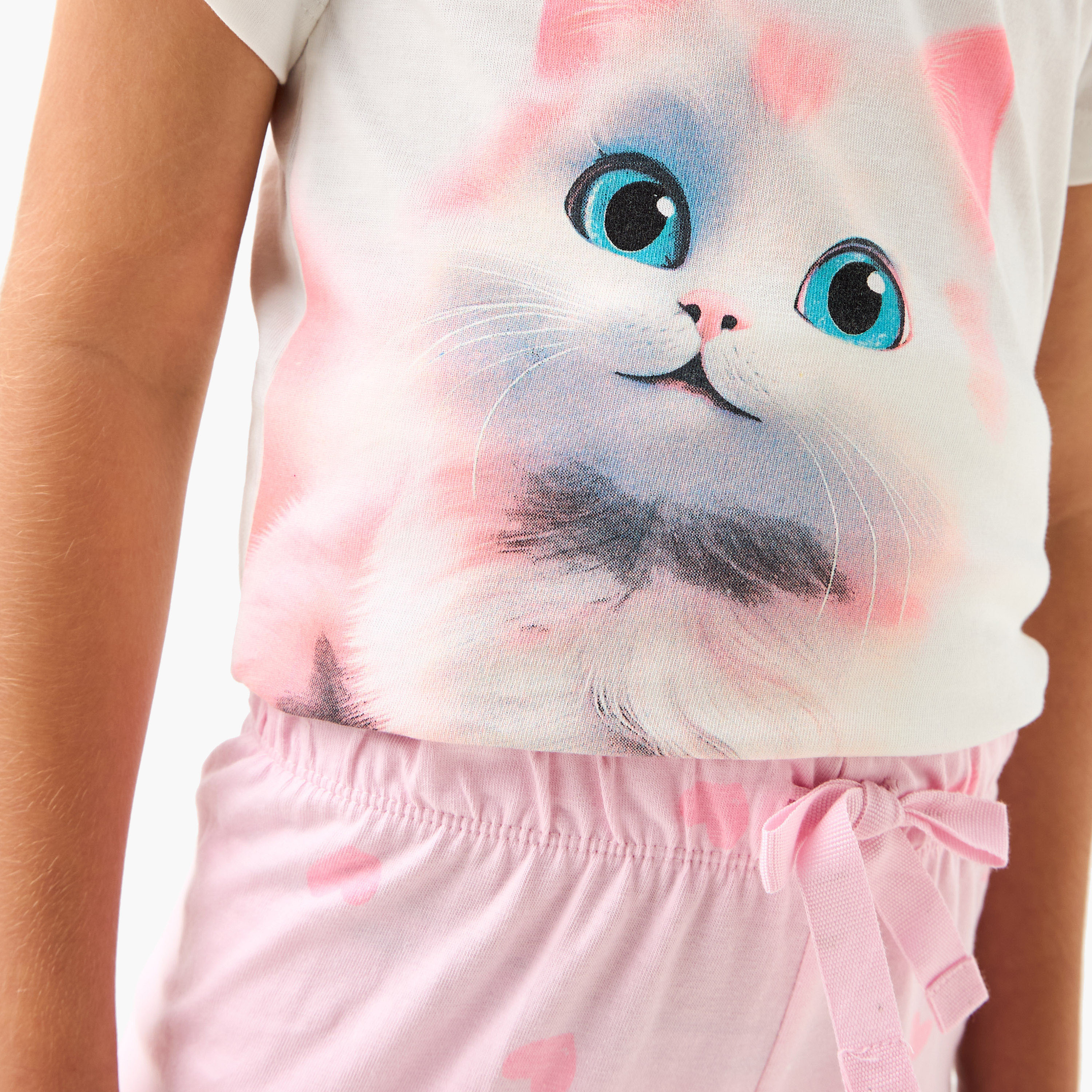 Juniors Cat Print T-shirt and Pyjama Set-girls-clothing-nightwear-image-5