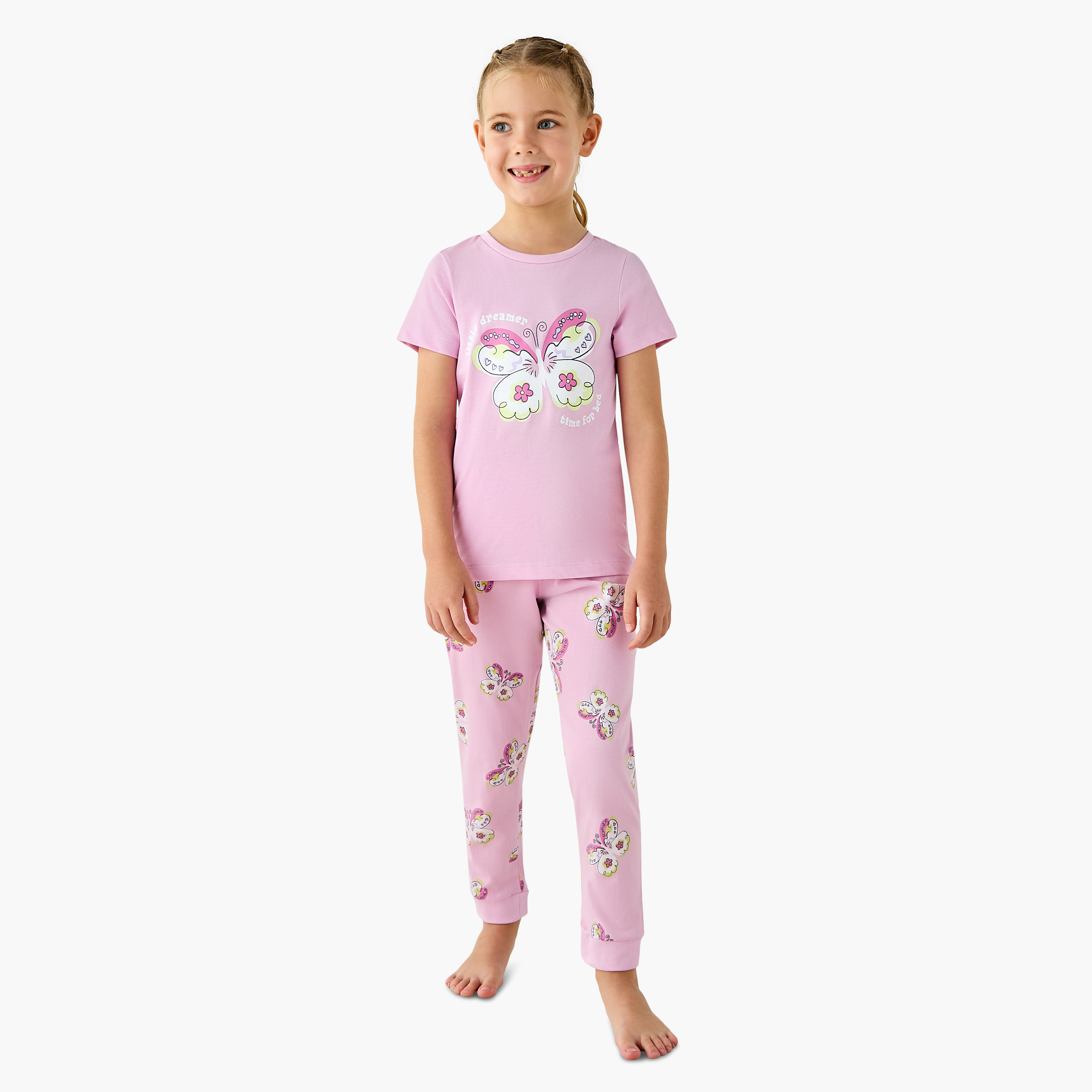 Juniors Butterfly Print T-shirt and Pyjama Set-girls-clothing-nightwear-image-1