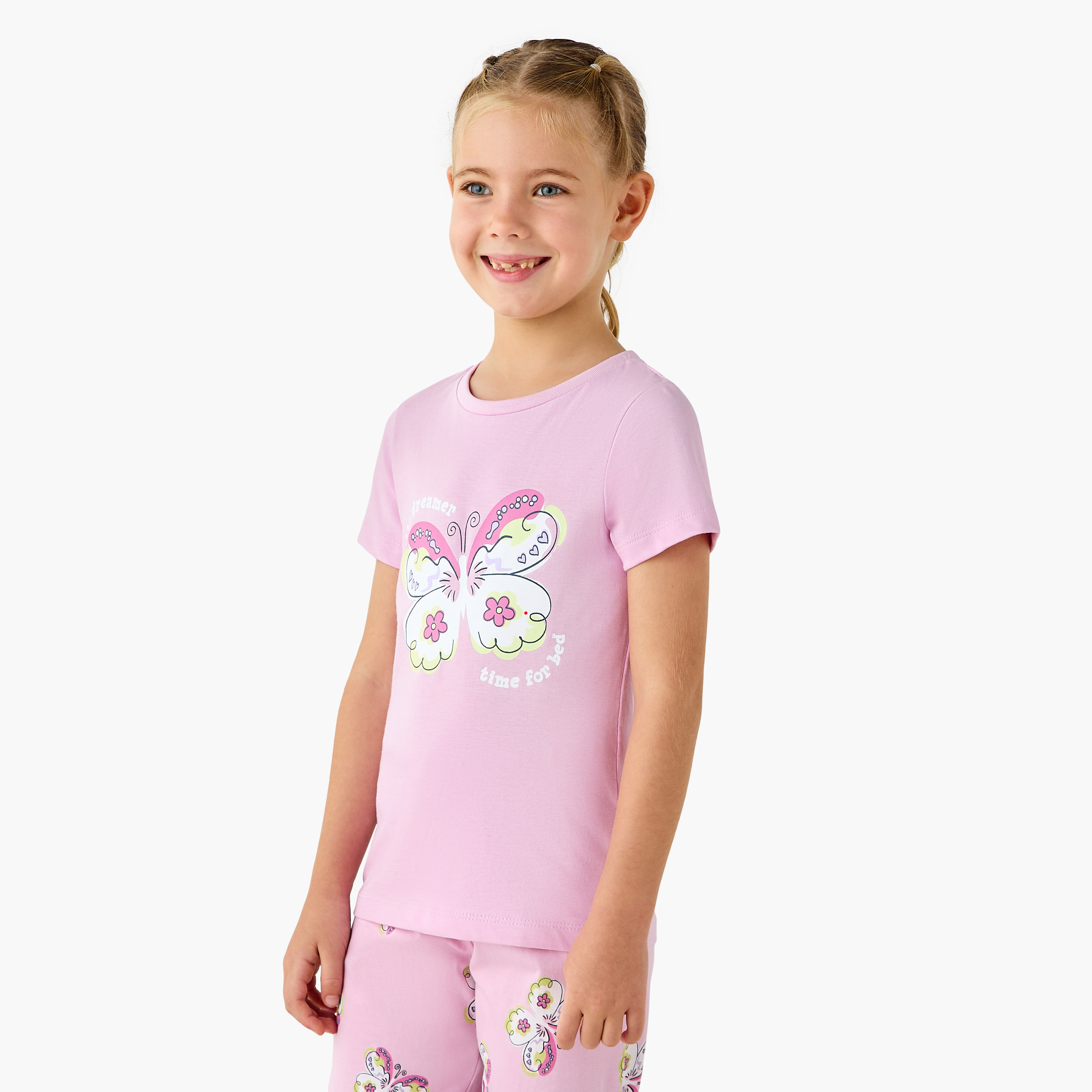 Juniors Butterfly Print T-shirt and Pyjama Set-girls-clothing-nightwear-image-2
