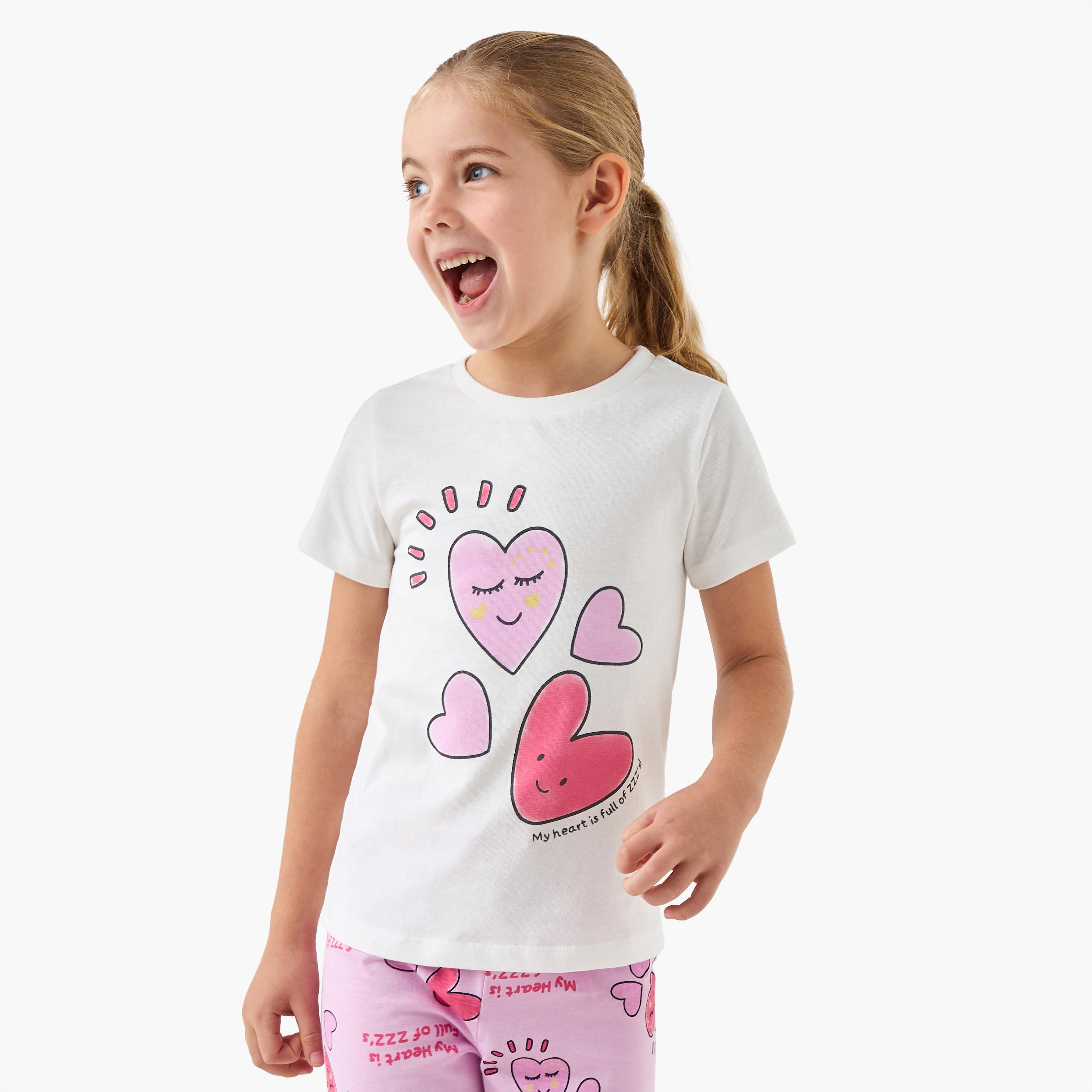 Juniors Heart Print T-shirt and Pyjama Set-girls-clothing-nightwear-image-3