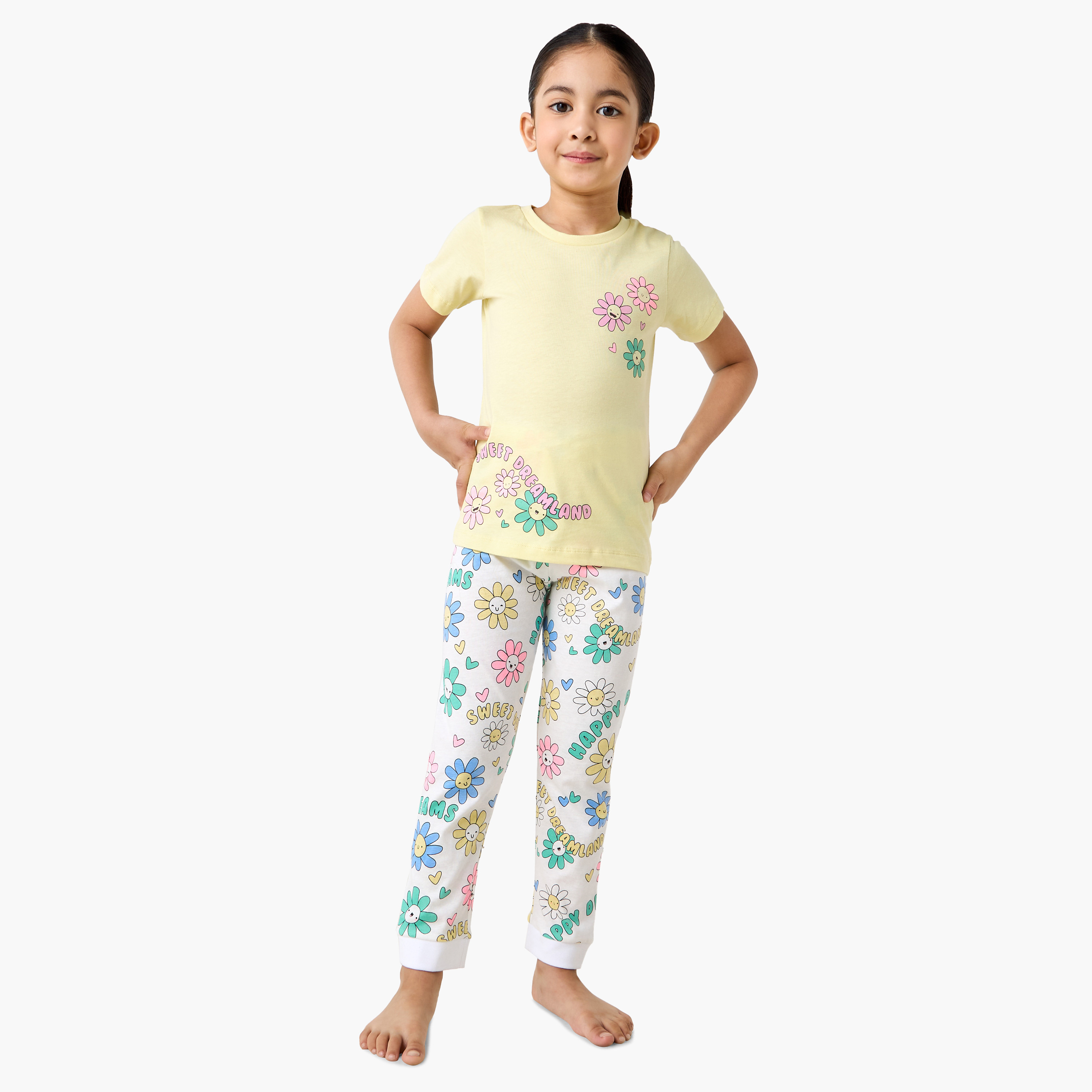 Juniors Floral Print T-shirt and Pyjama Set-girls-clothing-nightwear-image-1