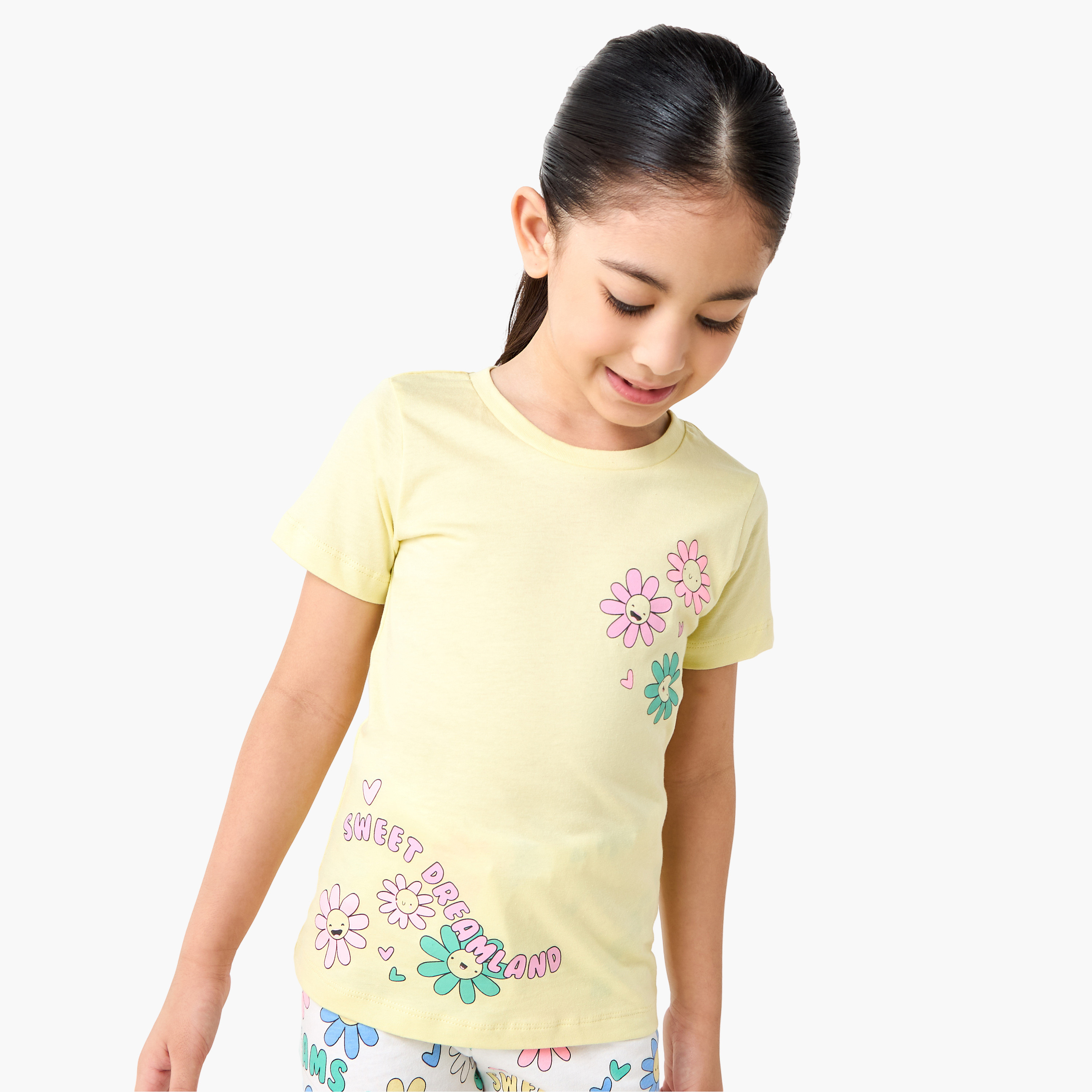Juniors Floral Print T-shirt and Pyjama Set-girls-clothing-nightwear-image-2