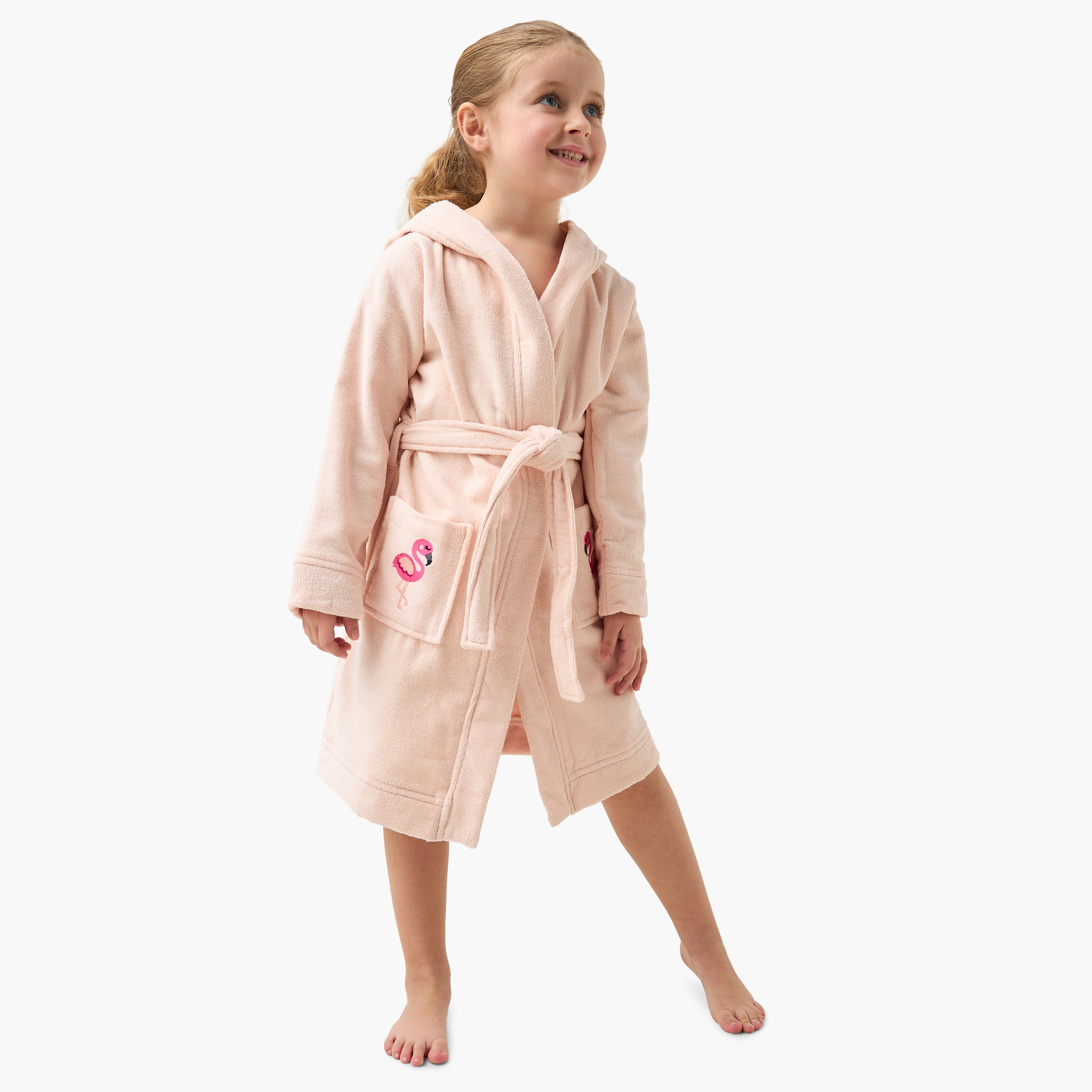 Juniors Flamingo Embroidered Hooded Terry Bathrobe with Pockets-girls-clothing-nightwear-image-1
