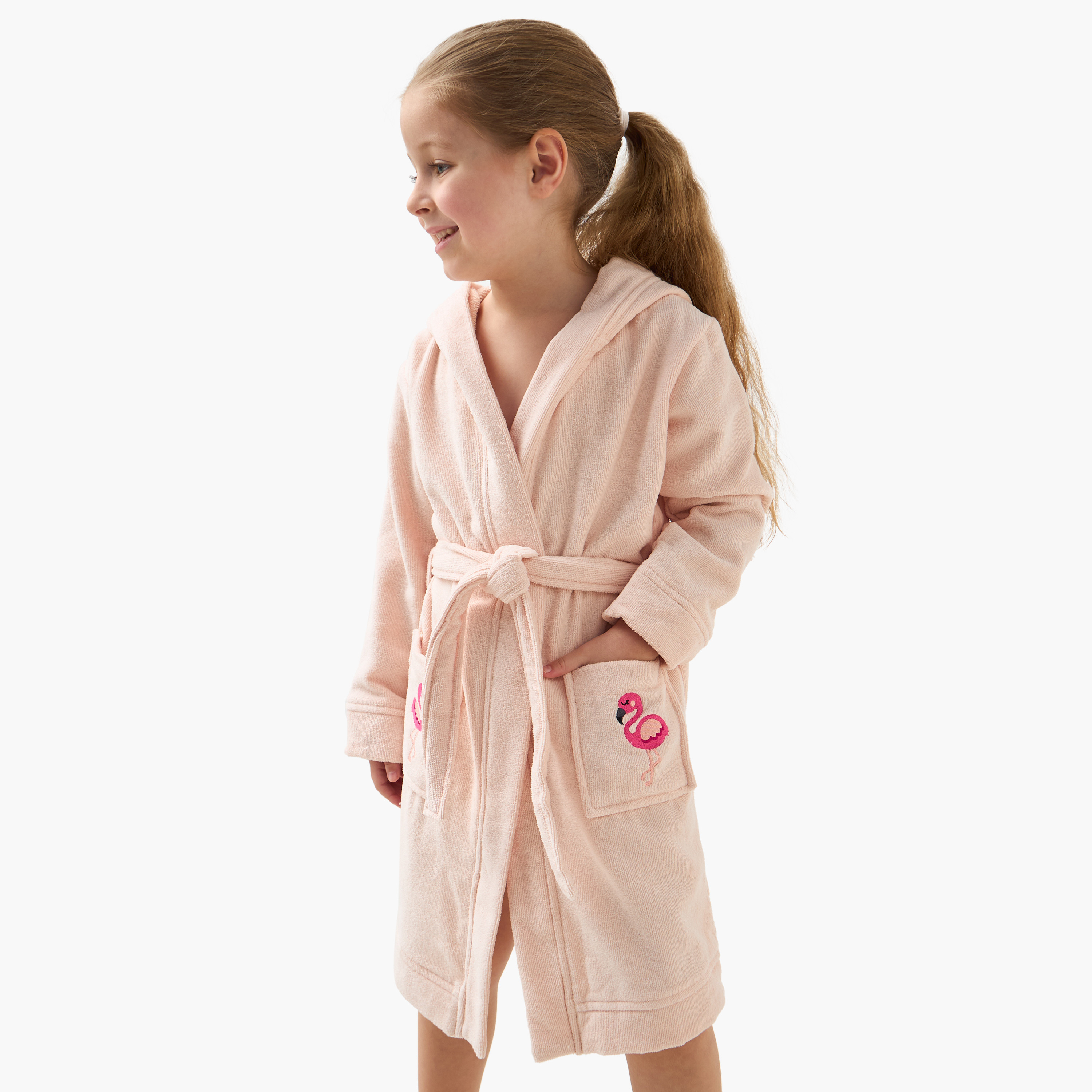 Juniors Flamingo Embroidered Hooded Terry Bathrobe with Pockets-girls-clothing-nightwear-image-2
