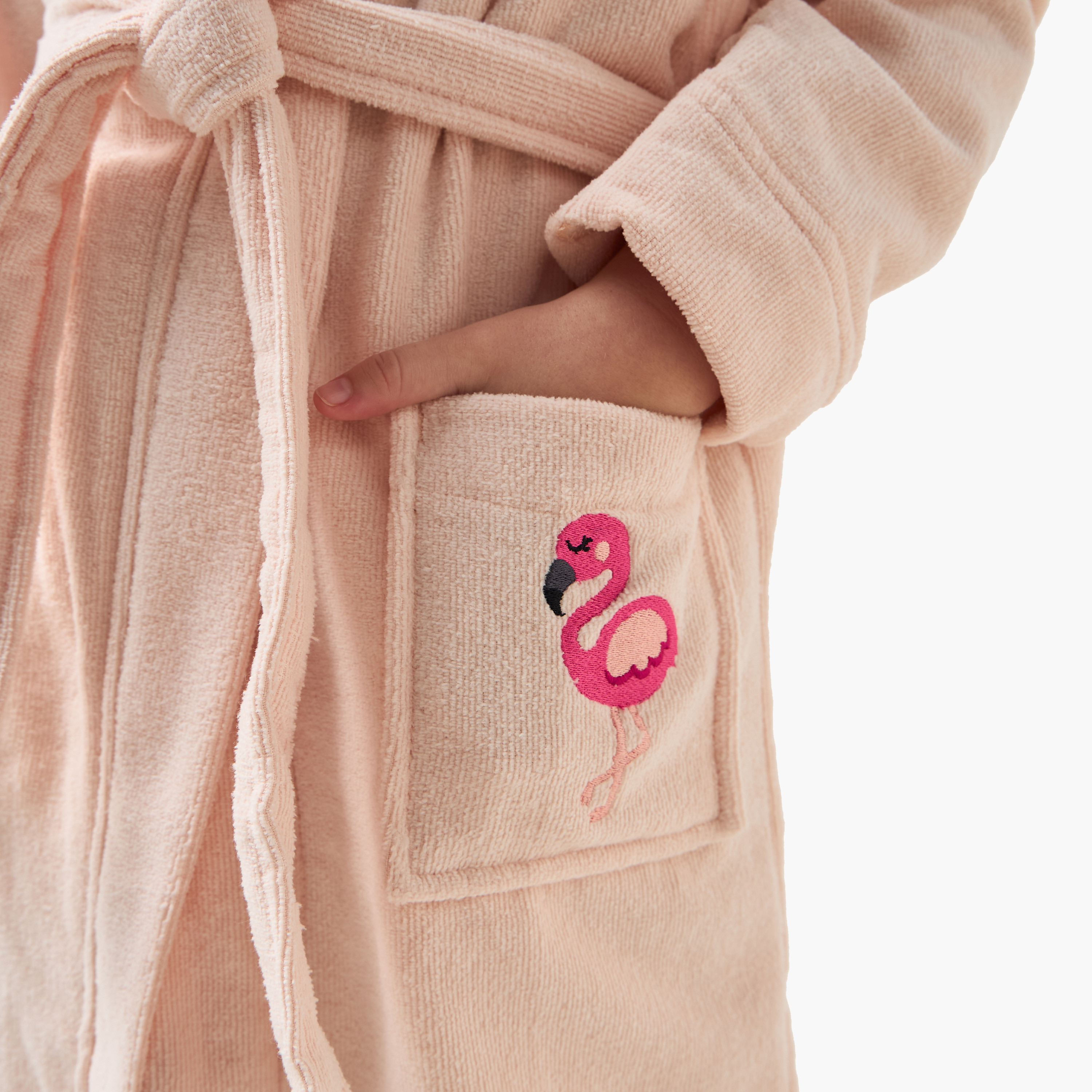 Juniors Flamingo Embroidered Hooded Terry Bathrobe with Pockets-girls-clothing-nightwear-image-4
