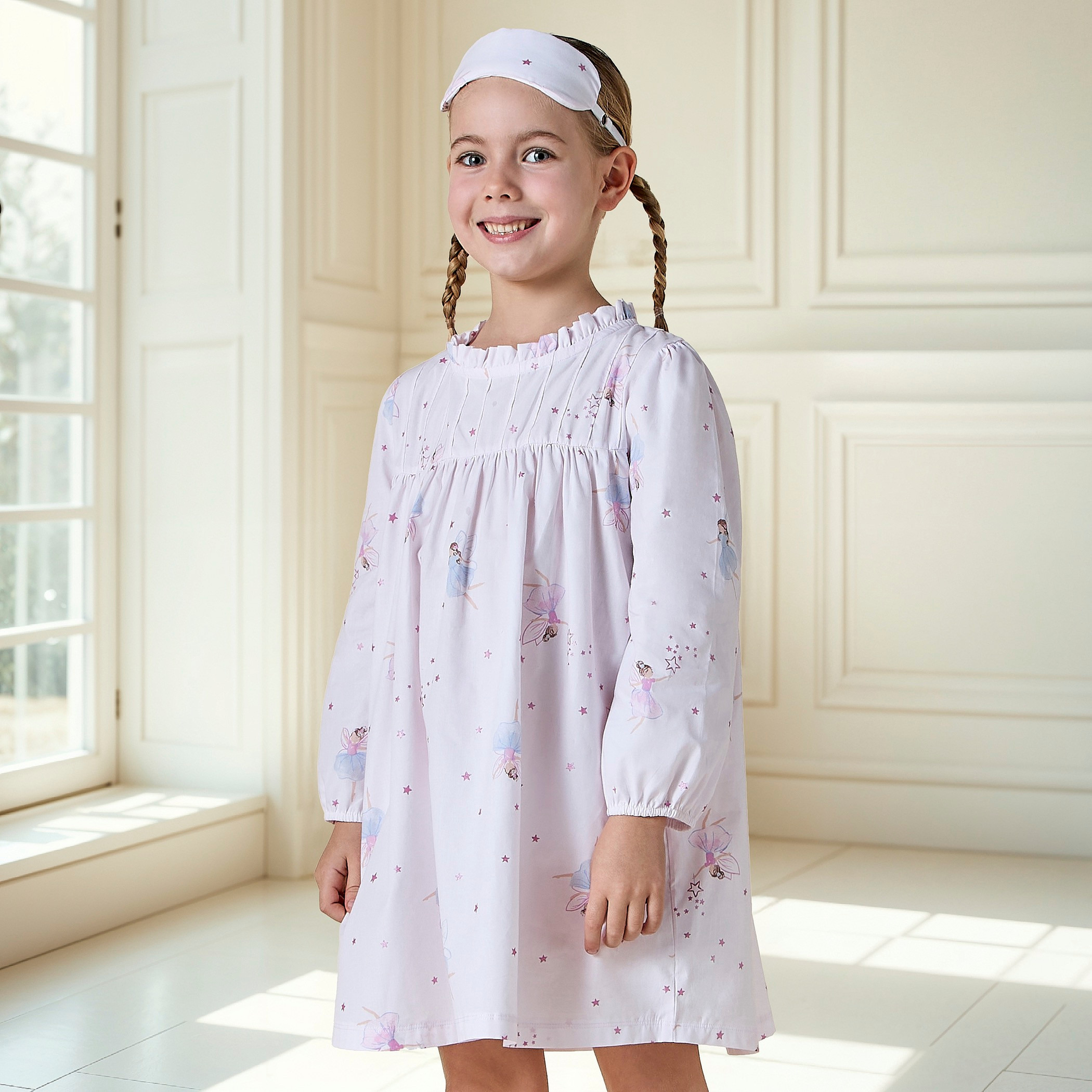 Juniors All-Over Fairy Print Night Dress with Pie-Crust Neck and Long Sleeves-girls-clothing-nightwear-image-1