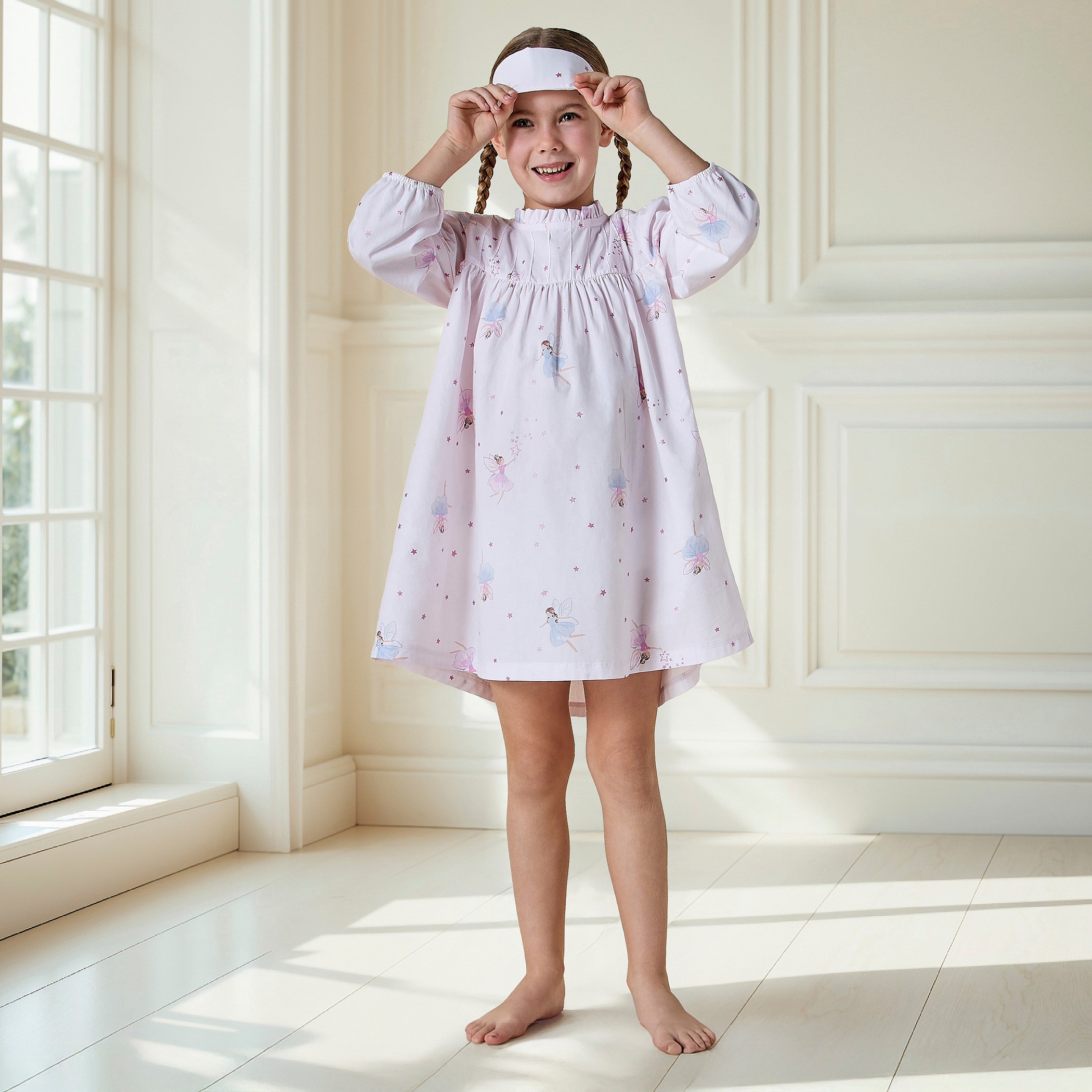 Juniors All-Over Fairy Print Night Dress with Pie-Crust Neck and Long Sleeves-girls-clothing-nightwear-image-2