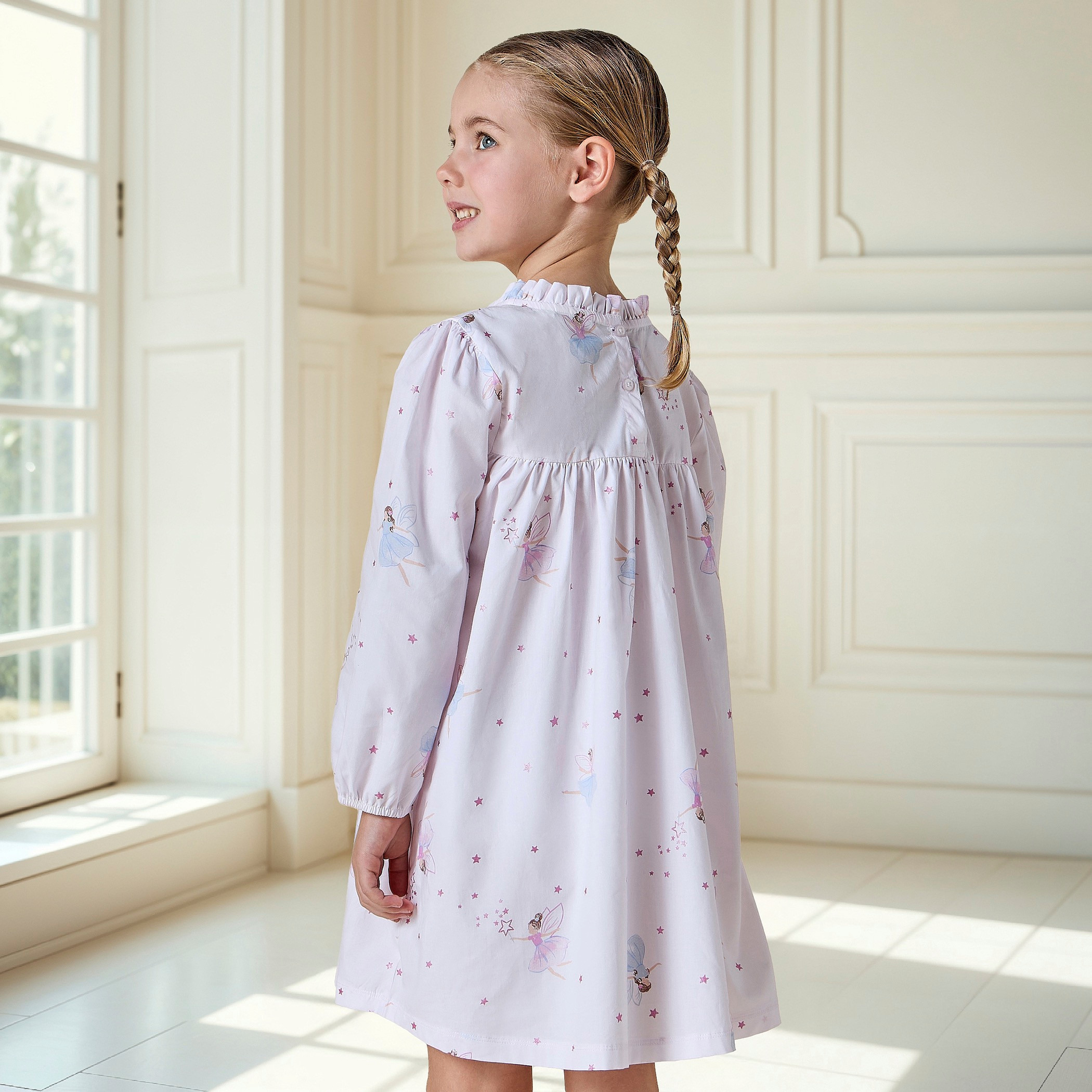 Juniors All-Over Fairy Print Night Dress with Pie-Crust Neck and Long Sleeves-girls-clothing-nightwear-image-3