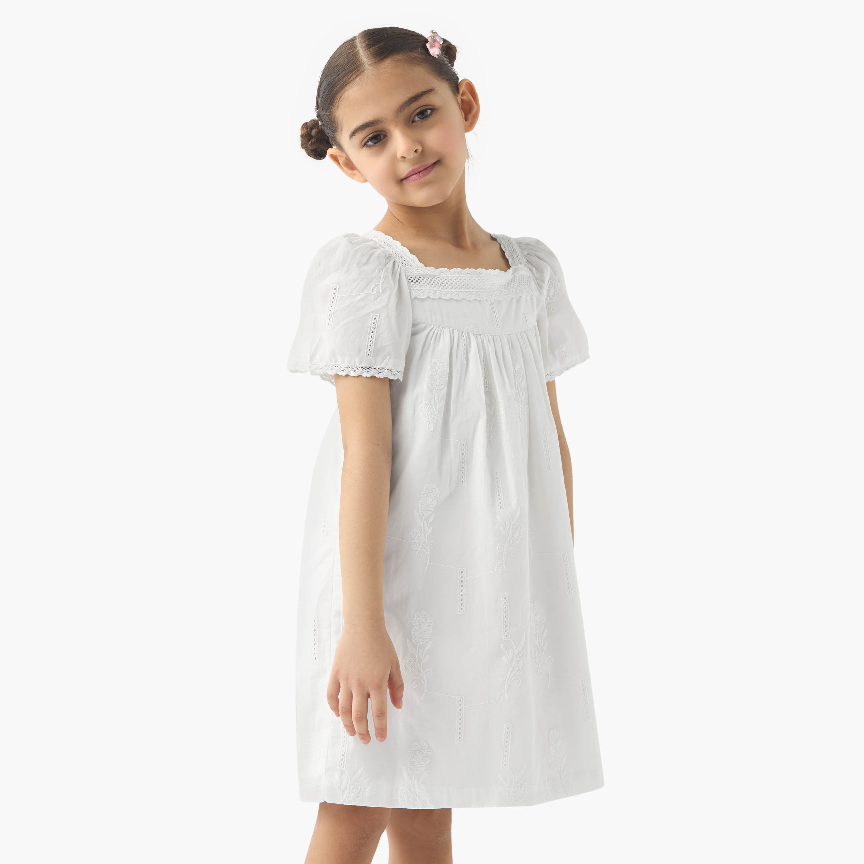 Juniors Embroidered Lace Night Dress with Short Sleeves-girls-clothing-nightwear-image-1