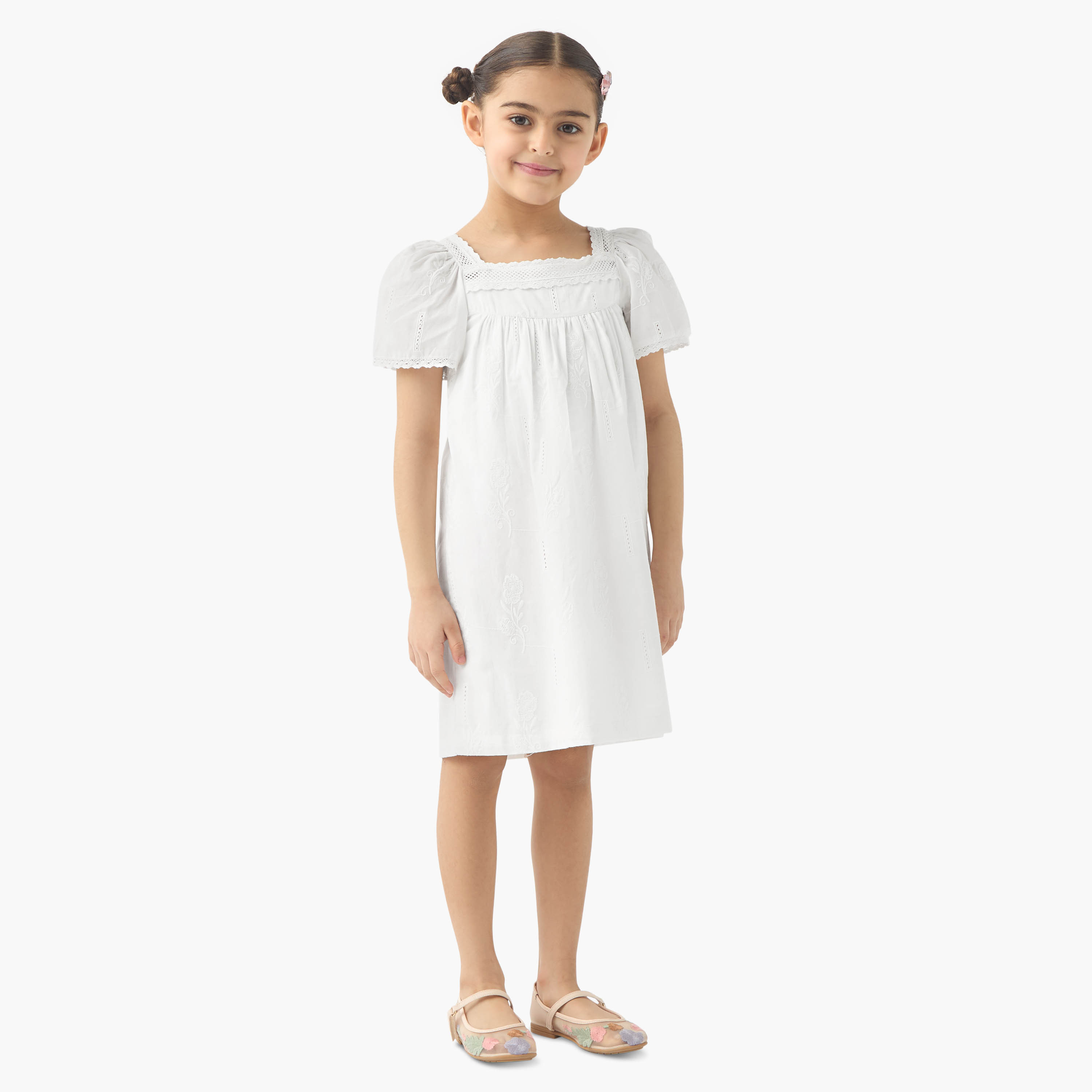 Juniors Embroidered Lace Night Dress with Short Sleeves-girls-clothing-nightwear-image-2
