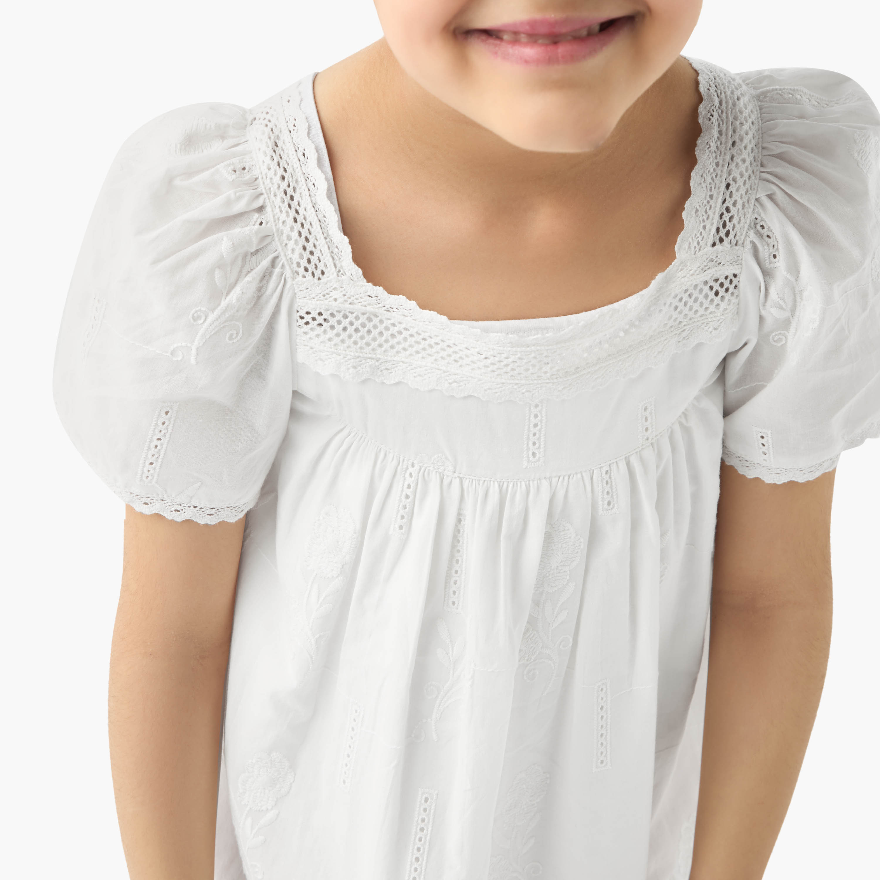 Juniors Embroidered Lace Night Dress with Short Sleeves-girls-clothing-nightwear-image-4