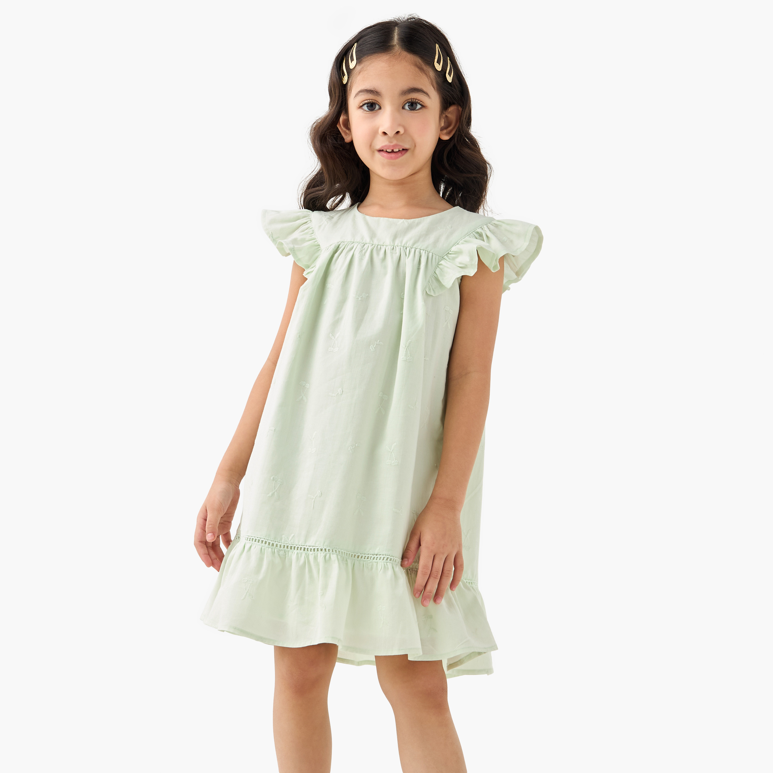 Juniors Solid Night Dress with Ruffles and Round Neck-girls-clothing-nightwear-image-1