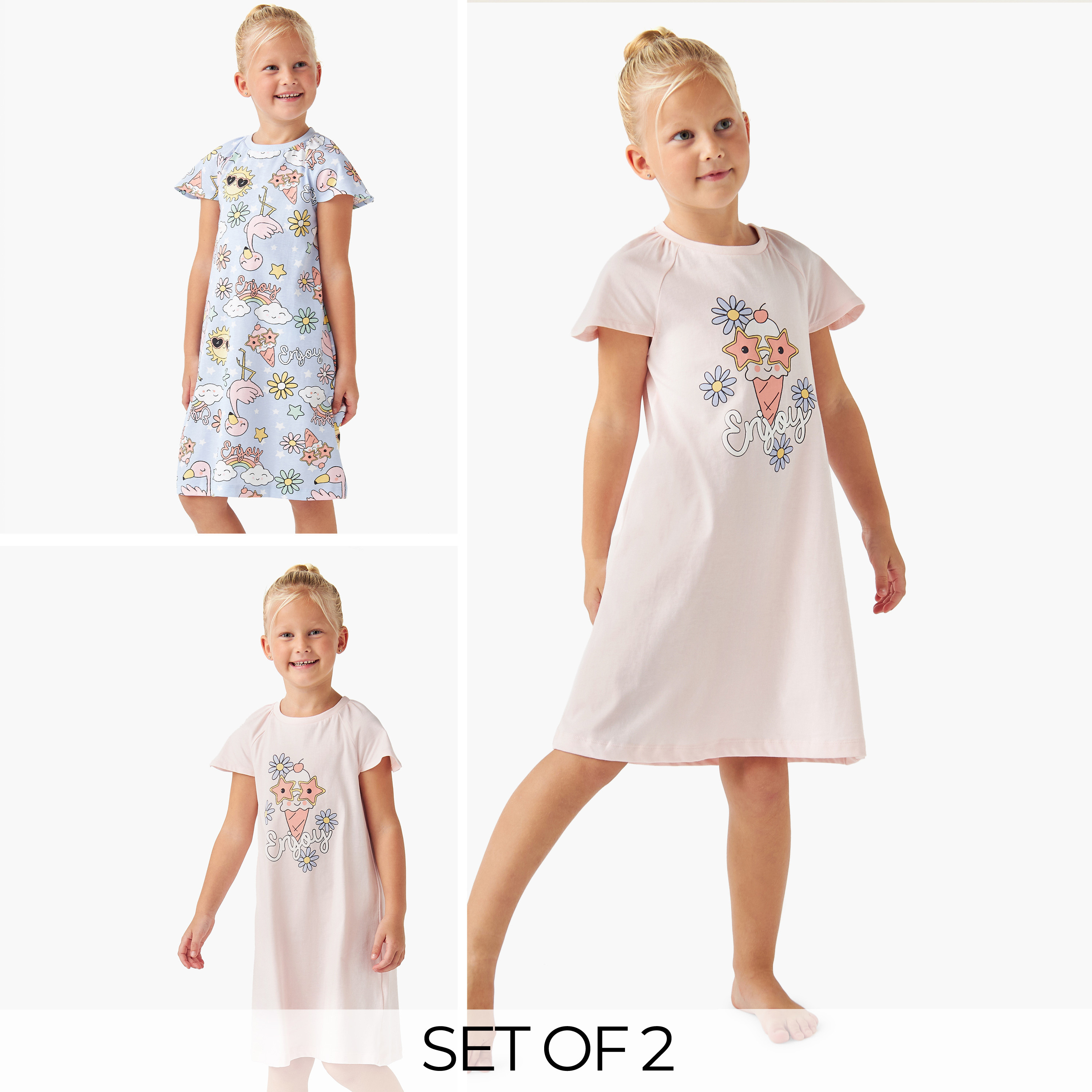 Juniors Printed Night Dress with Short Sleeves - Set of 2-girls-clothing-nightwear-image-1