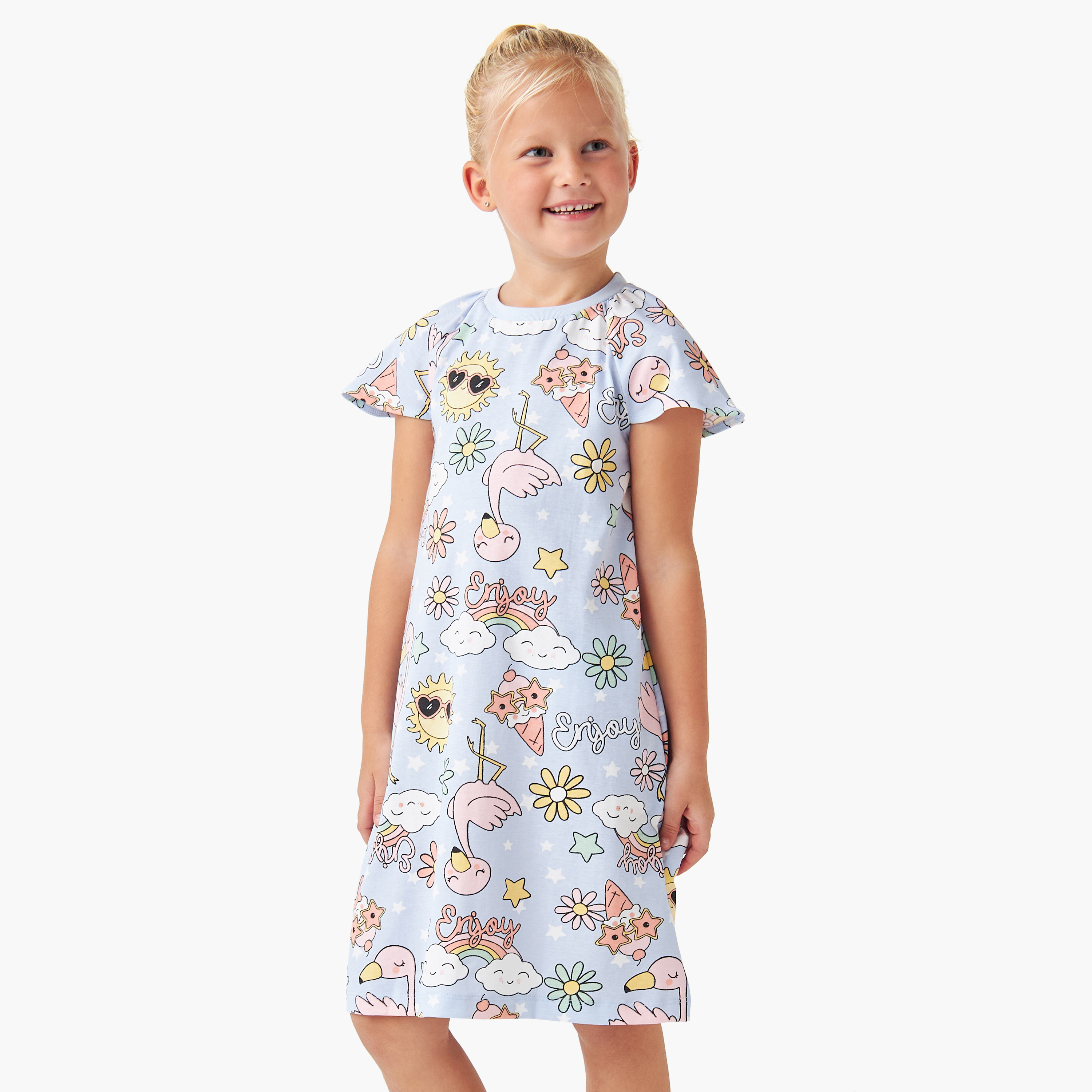 Juniors Printed Night Dress with Short Sleeves - Set of 2-girls-clothing-nightwear-image-2